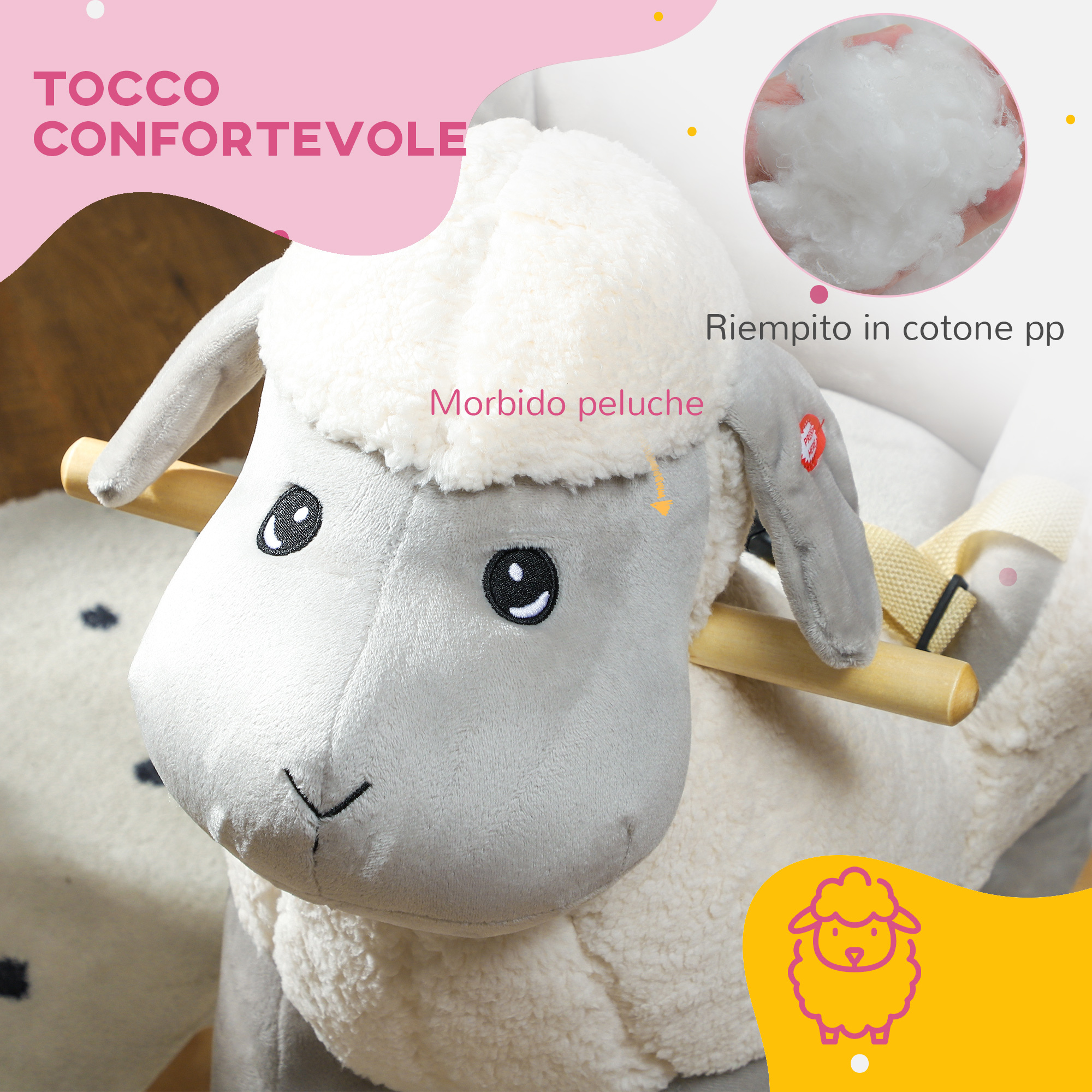 Cavallo a dondolo per bambini 18-36 mesi a forma di pecorella con suoni e rivestimento morbido, grigio - 