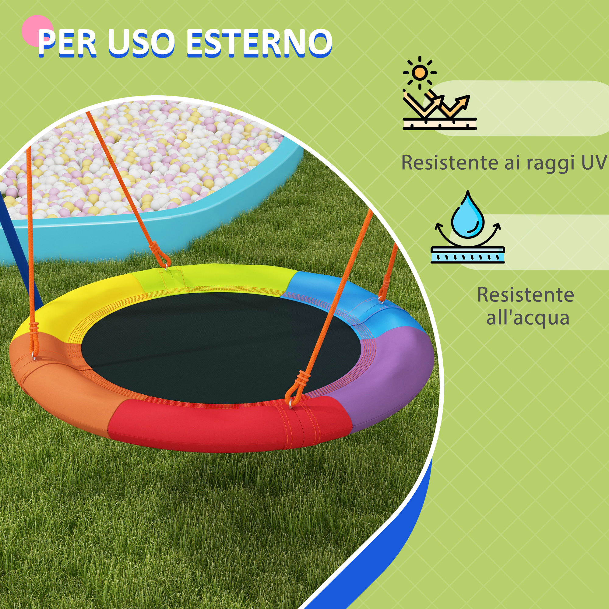 Altalena da giardino a nido per 1-2 bambini in metallo rinforzato, 196x172x180cm, multicolore - 