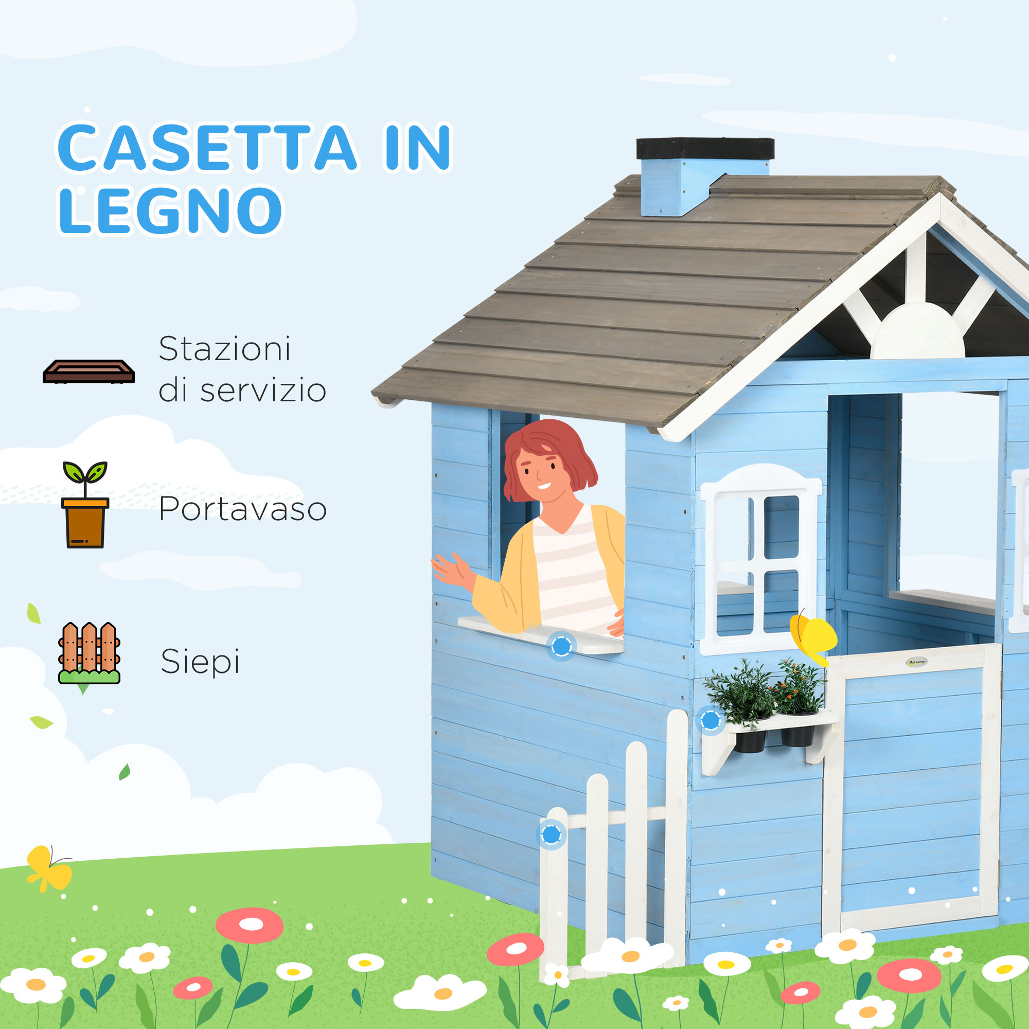 Casa per bimbi 3-7 anni con staccionata, portavasi, porta e finestre, in legno di abete, 151x112.5x142 cm, blu - 