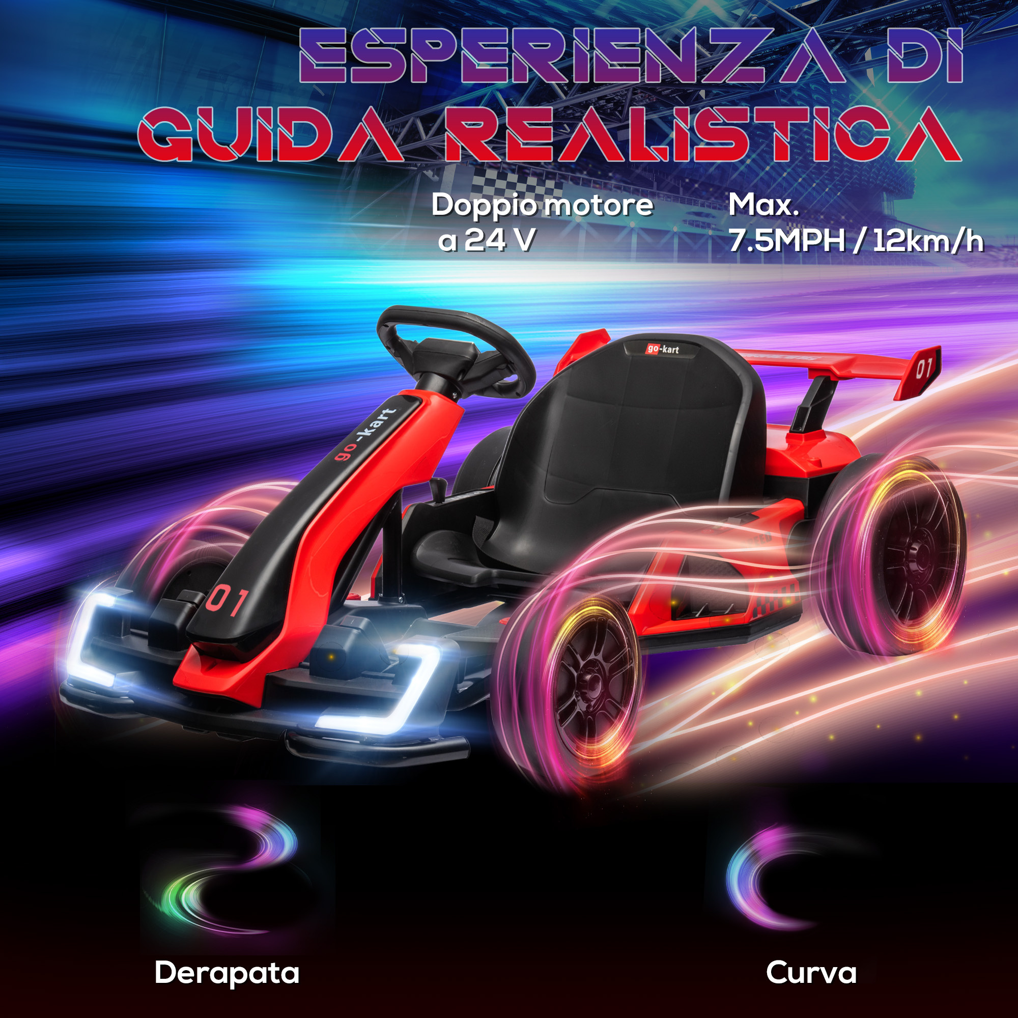 Go kart elettrico per bambini 6-12 anni 24v 12km/h con seggiolino regolabile, rosso - 