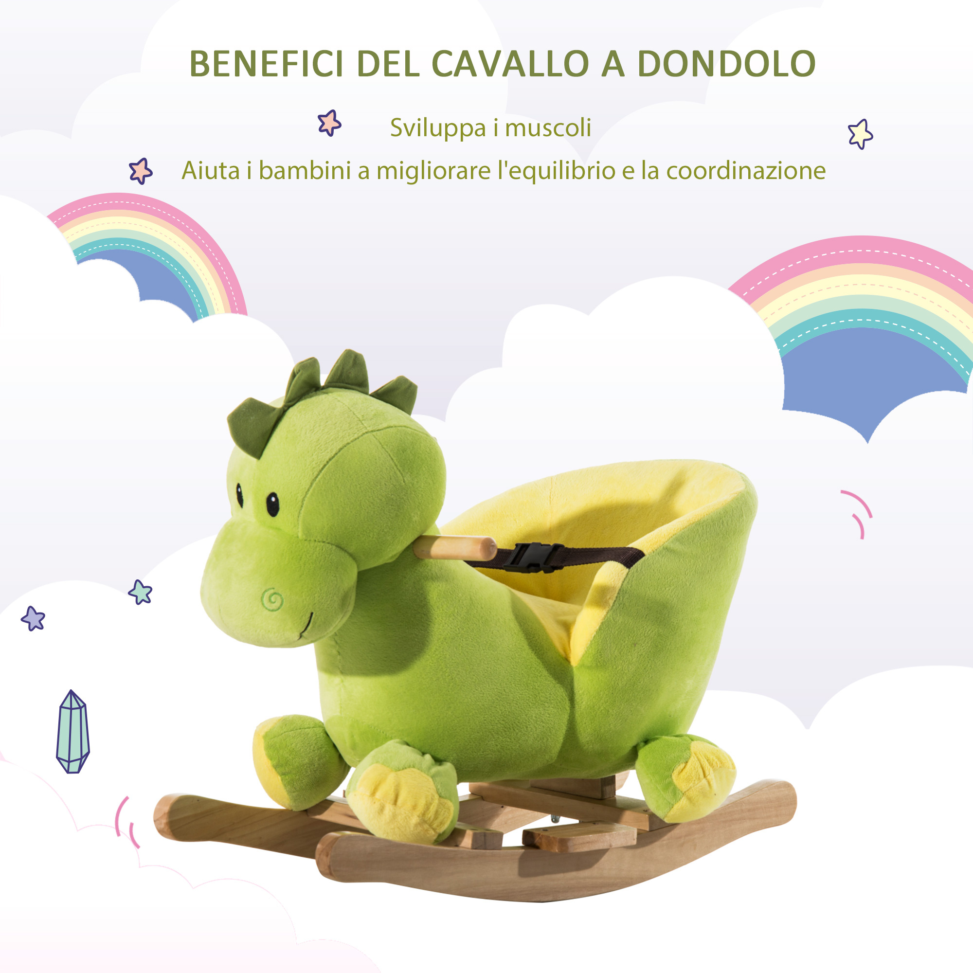 Cavallo a dondolo in legno dinosauro per i bambini 60x33x45cm - 