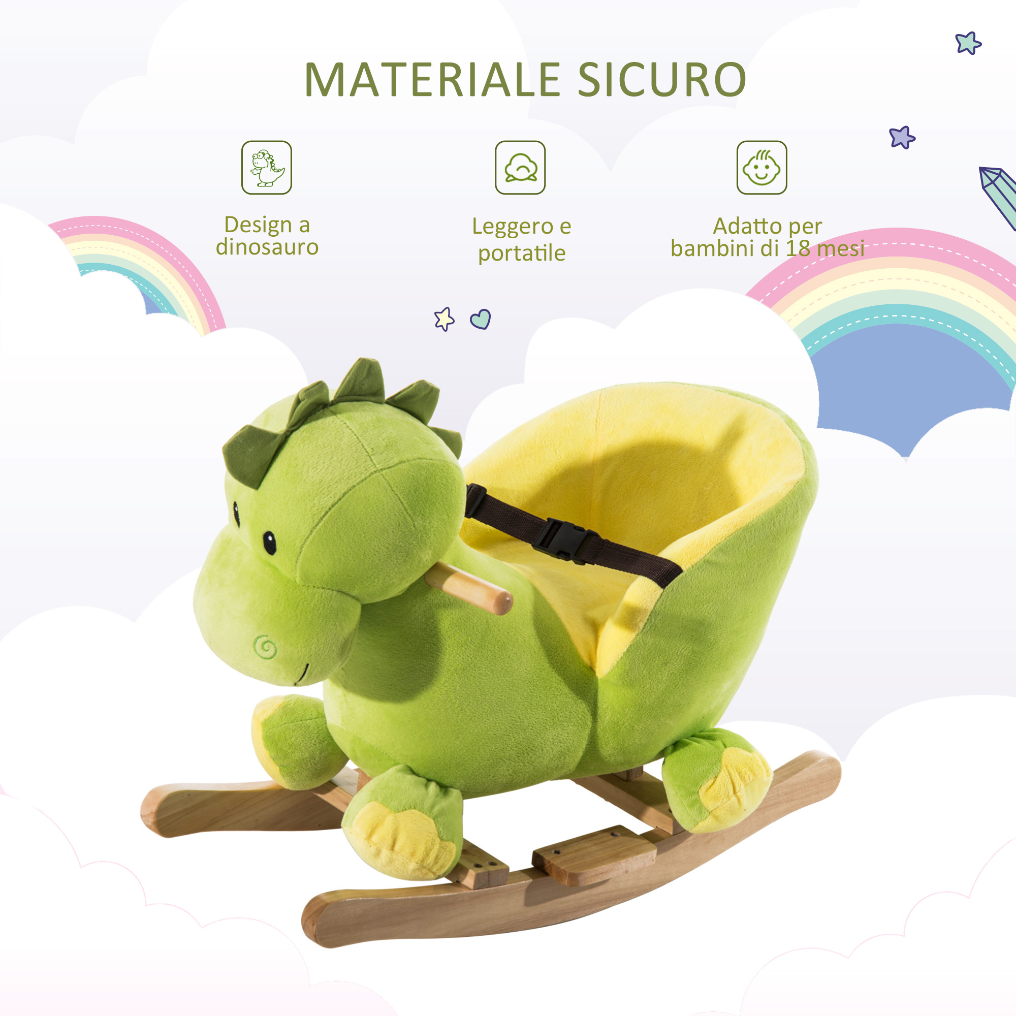 Cavallo a dondolo in legno dinosauro per i bambini 60x33x45cm - 