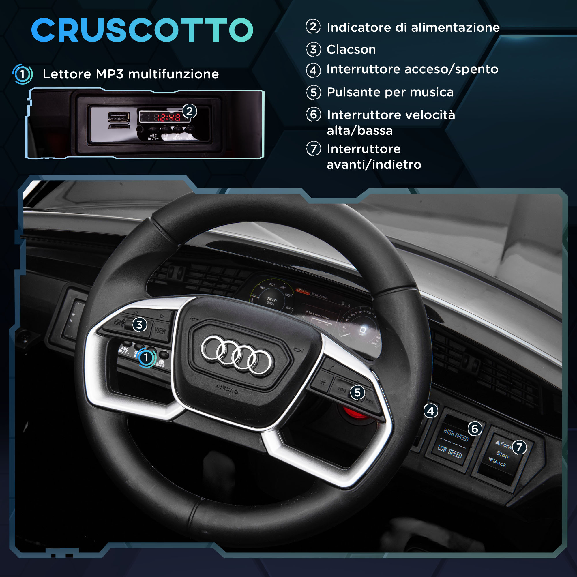 Macchina elettrica per bambini 12v con telecomando, velocità 3-8km/h, luci e musica, età 3-5 anni, nero - 