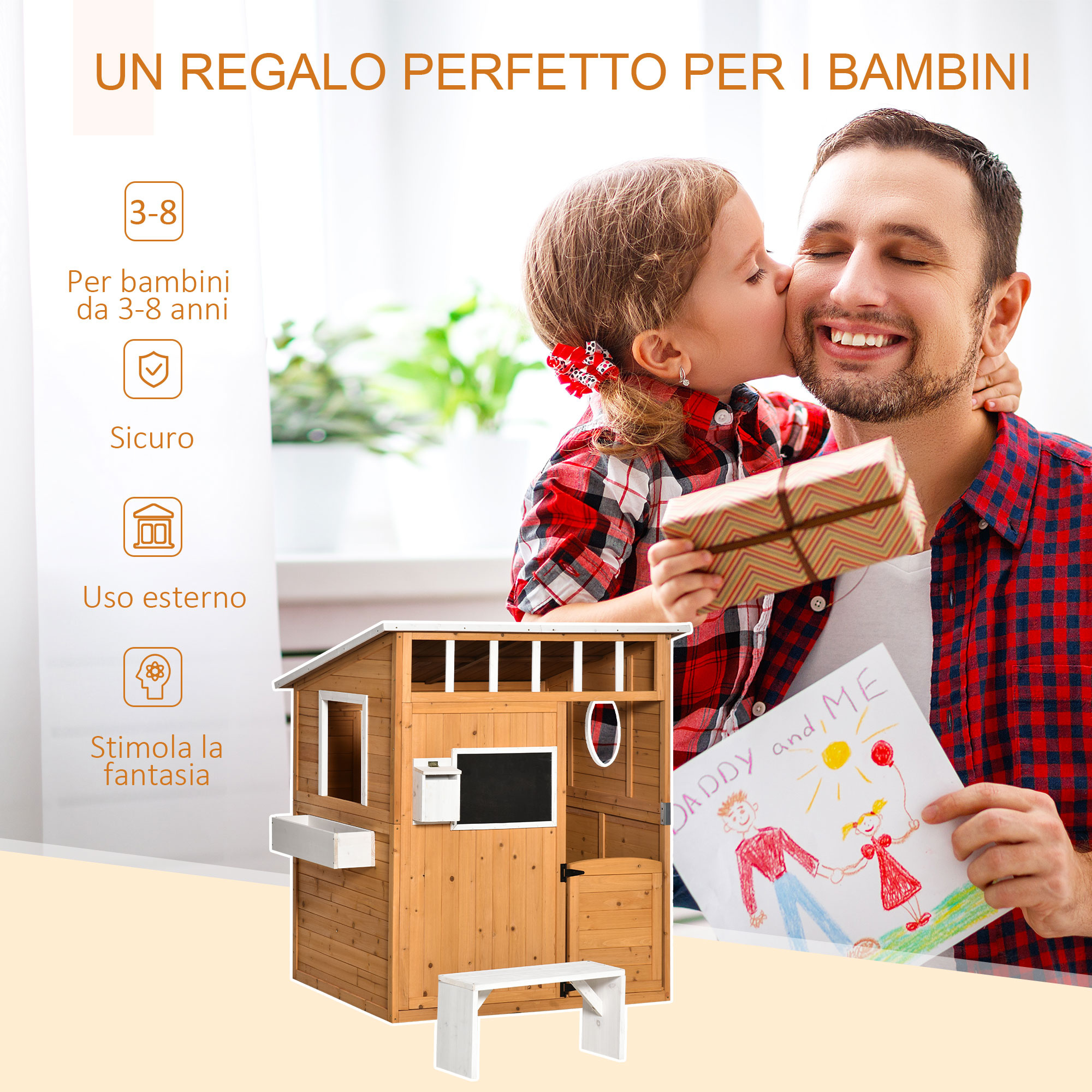 Casetta per bambini in legno da esterno con porta, finestre, panca, portavasi 122x108x135.5cm gialla - 