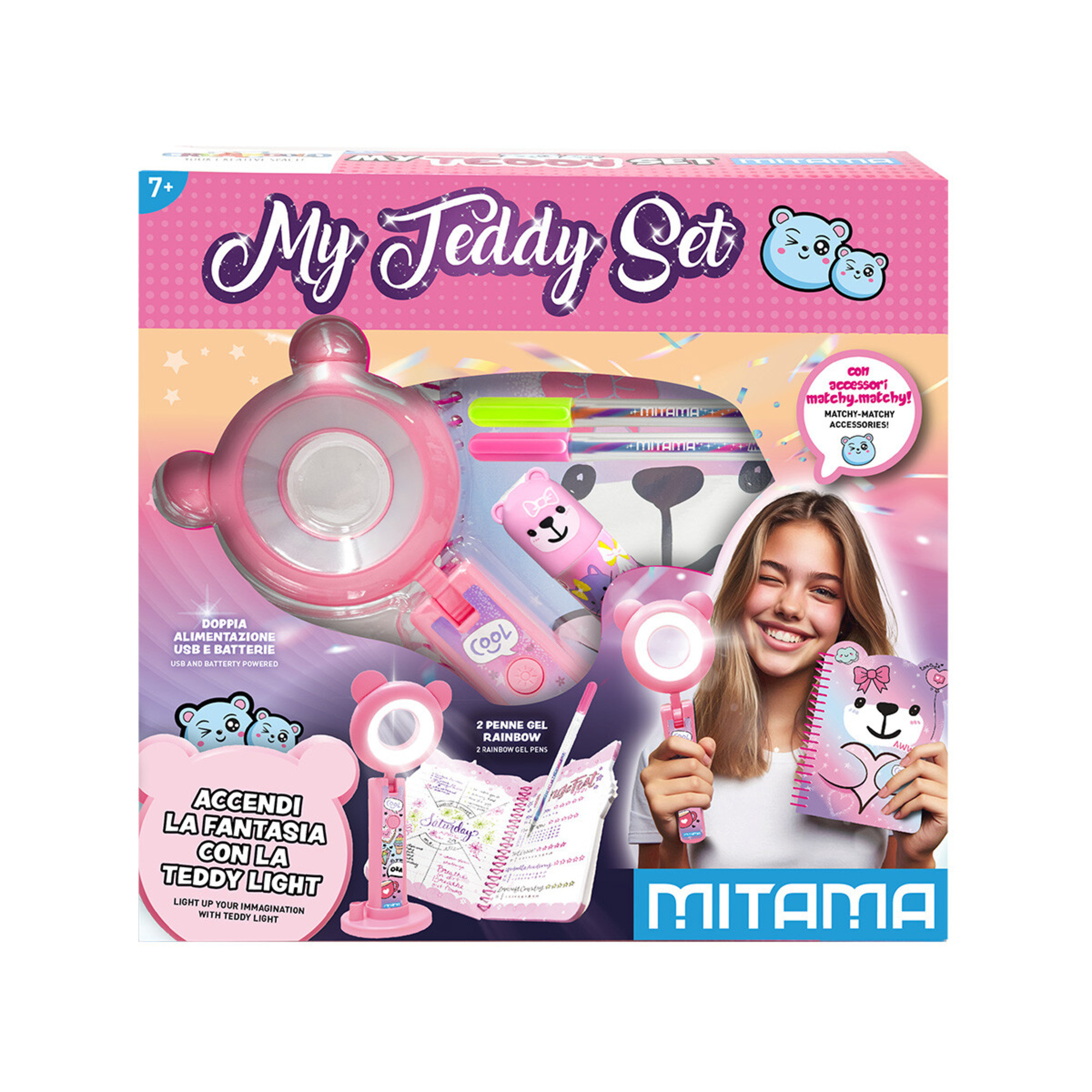 My teddy lamp mitama, 1 lampada fashion, 1 quaderno spiralato, 2 penne gel, 1 colla, 1 base porta cellulare - MITAMA