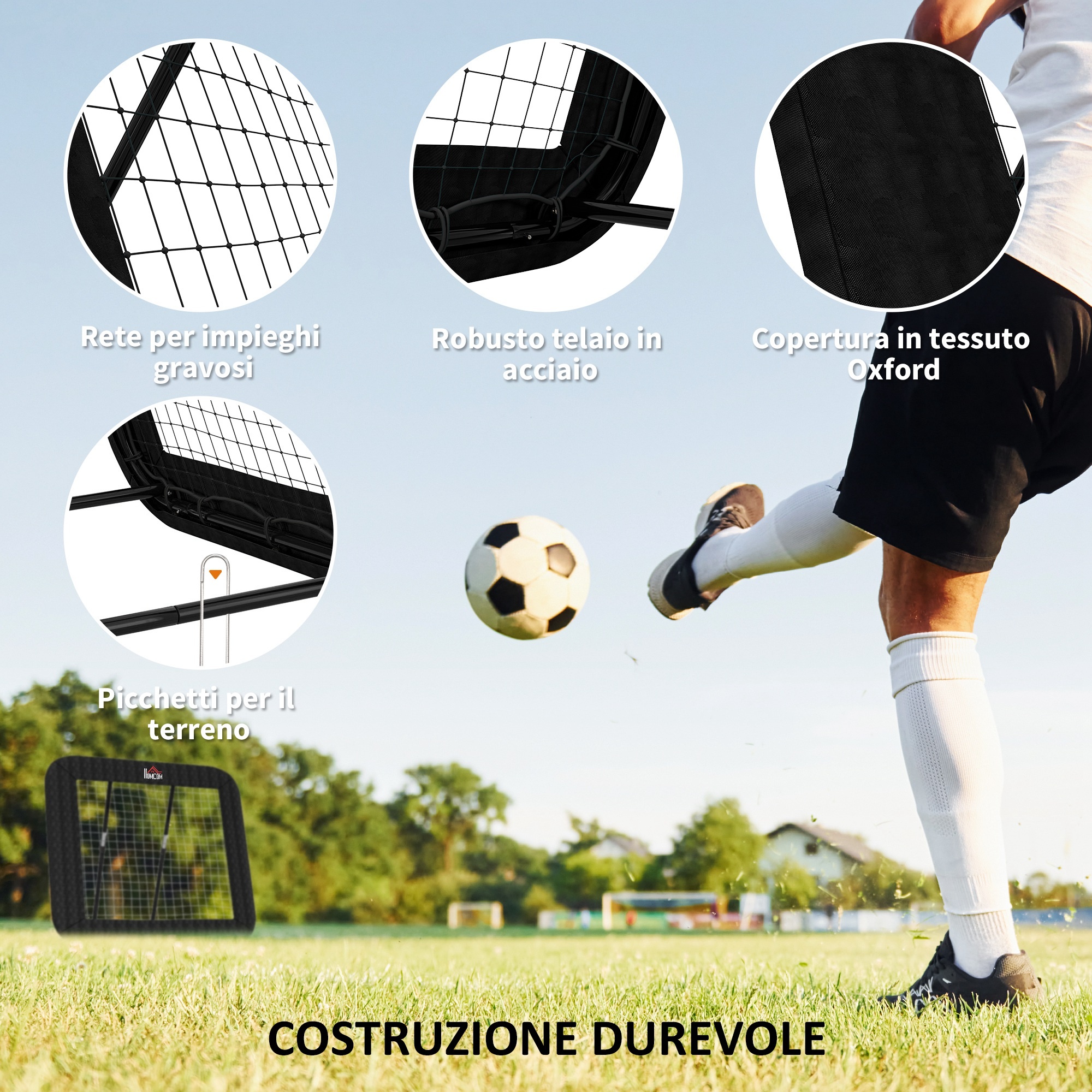 Rebounder pieghevole e regolabile da esterno per calcio, baseball e pallavolo, 128x118x108-120 cm, nero - 
