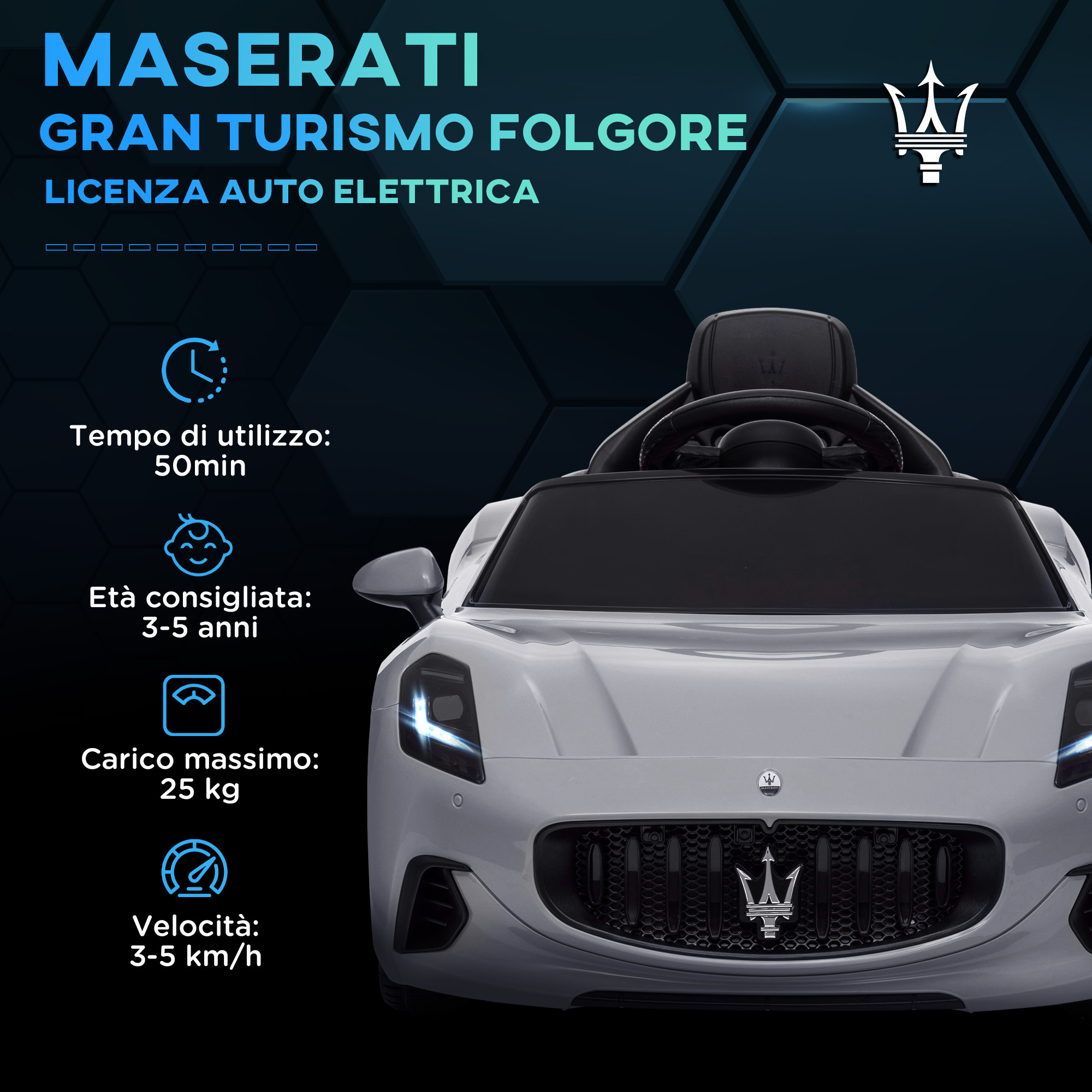 Macchina per bambini 12v maserati gran turismo folgore con telecomando, età 3-5 anni, grigio - 
