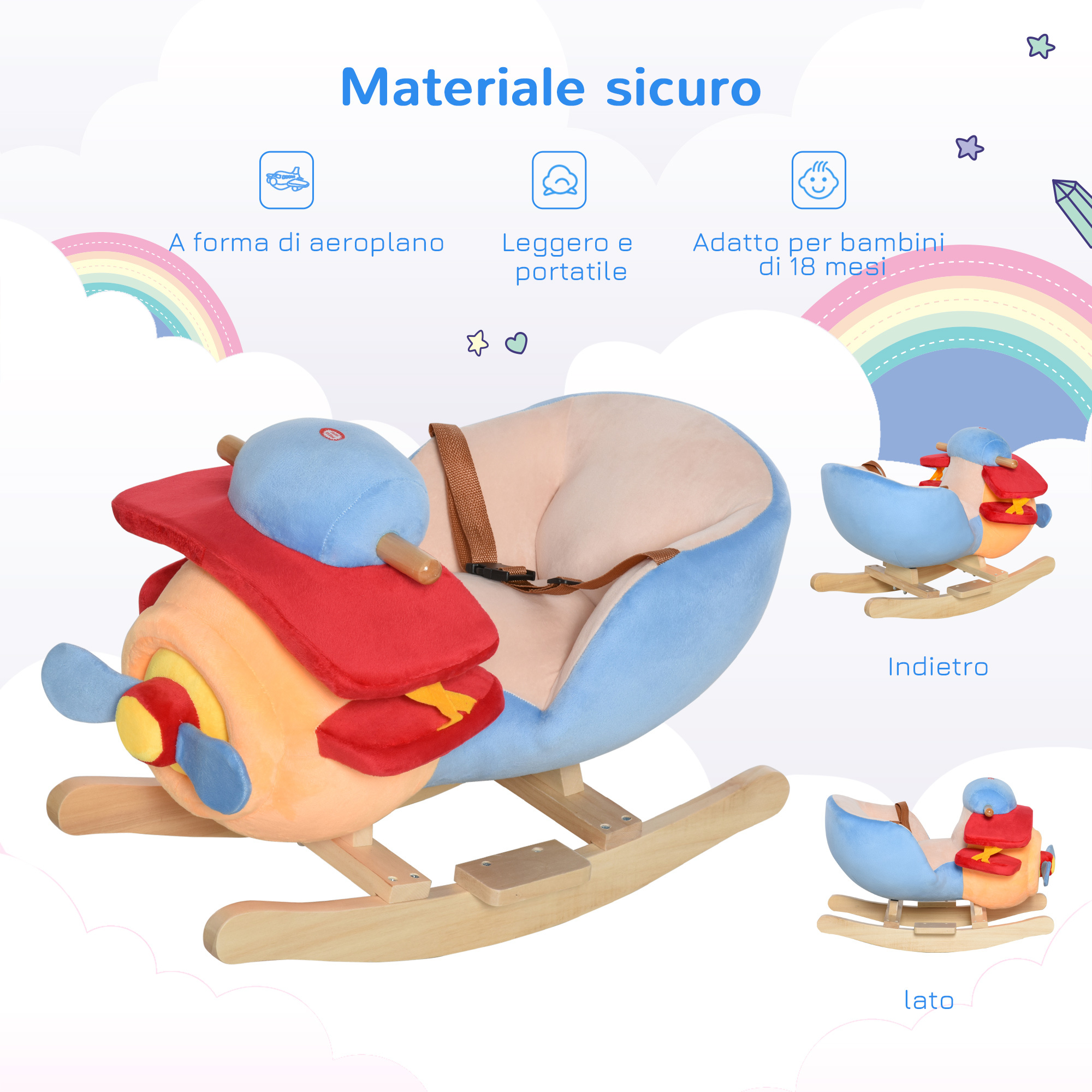 Cavallo a dondolo a forma di aeroplano per bambini di età superiore a 18 mesi, cacalluccio a dondolo con musica incorporata in legno alamo, 60x33x45cm - 
