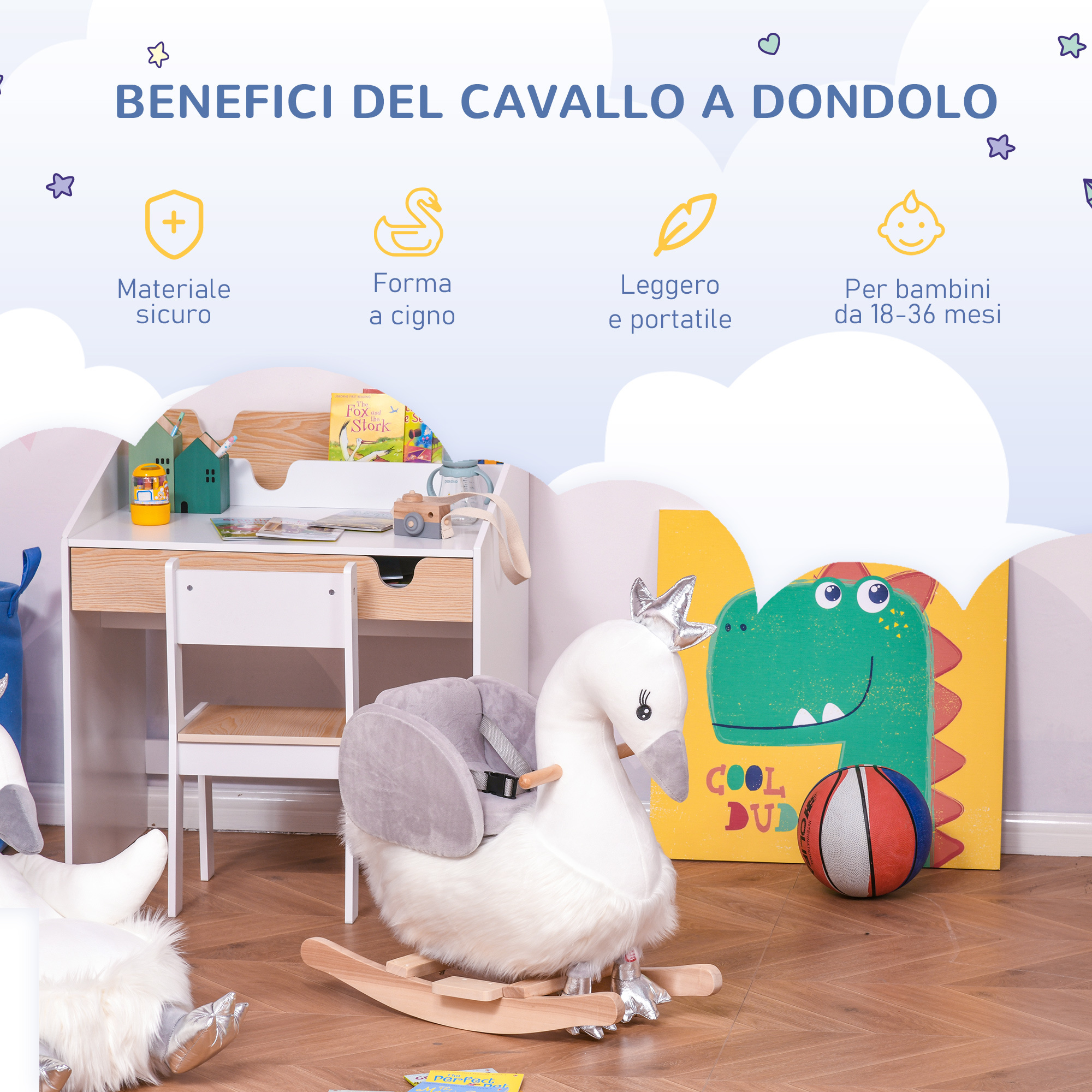 Cavallo a dondolo per bambini a forma di cigno, dondolo giocattolo cavalcabile per bambini 18-36 mesi  in legno di pioppo e peluche, bianco e grigio - 