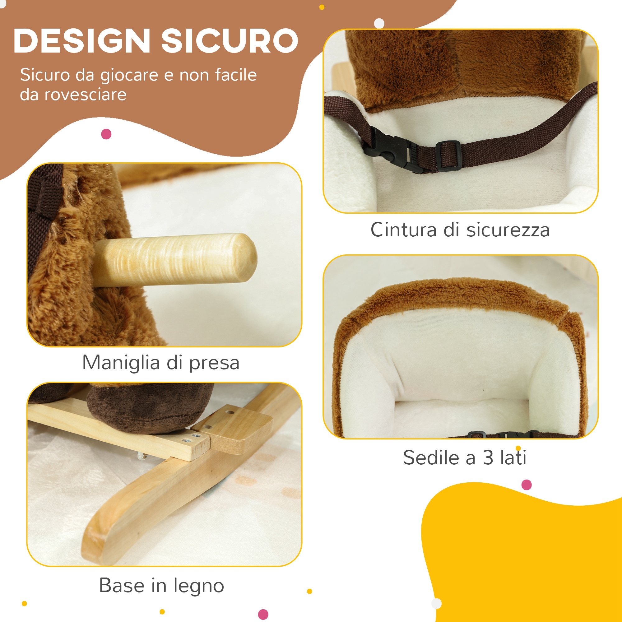 Cavallo a dondolo per bambini 18-36 mesi con suoni, base in legno e cintura di sicurezza, marrone - 