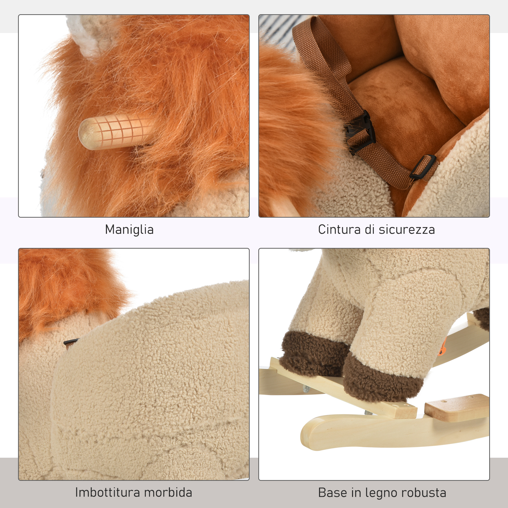 Dondolo giocattolo a forma di leone per bambini 18-36 mesi, ruggisce (3 batterie incluse), in legno e peluche - 