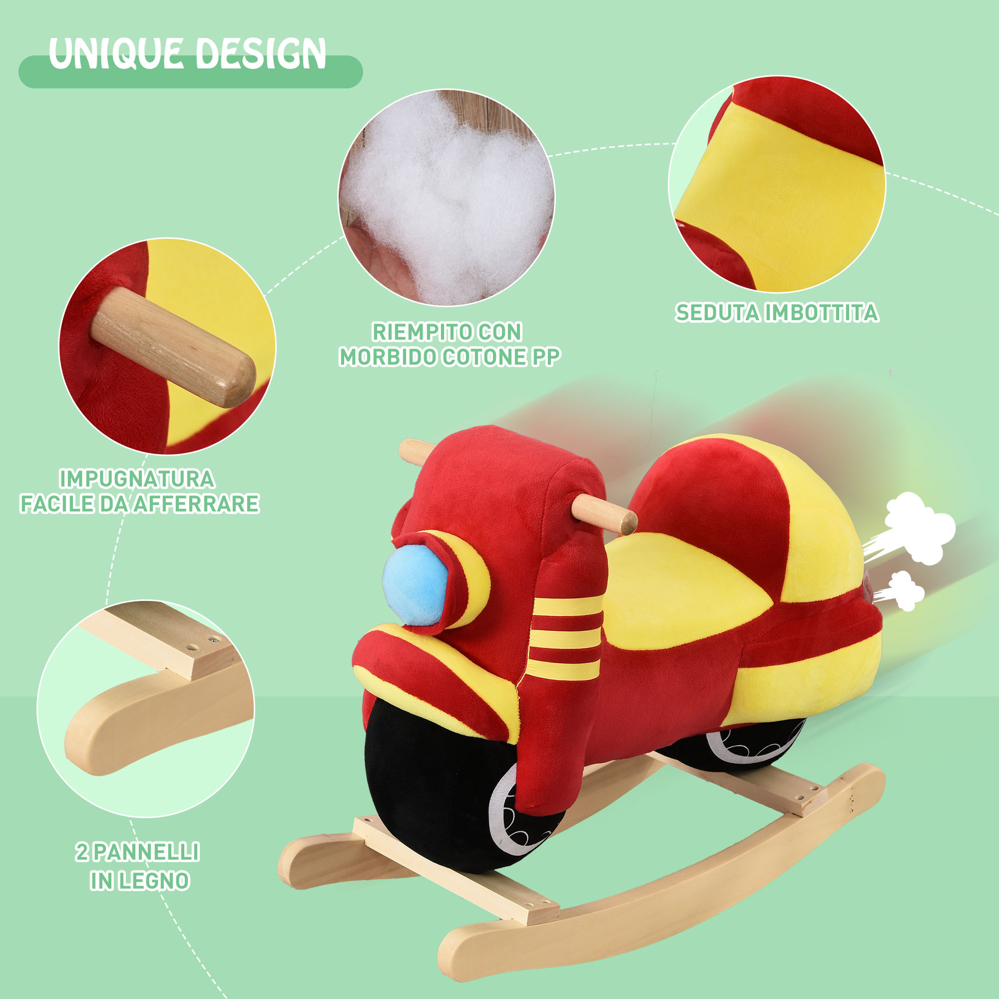 Cavallo a dondolo per bambini 18-36 mesi a forma di moto, per bambini cavalcabile in legno e peluche, suoni realistici, max. 40kg, rosso e giallo - 