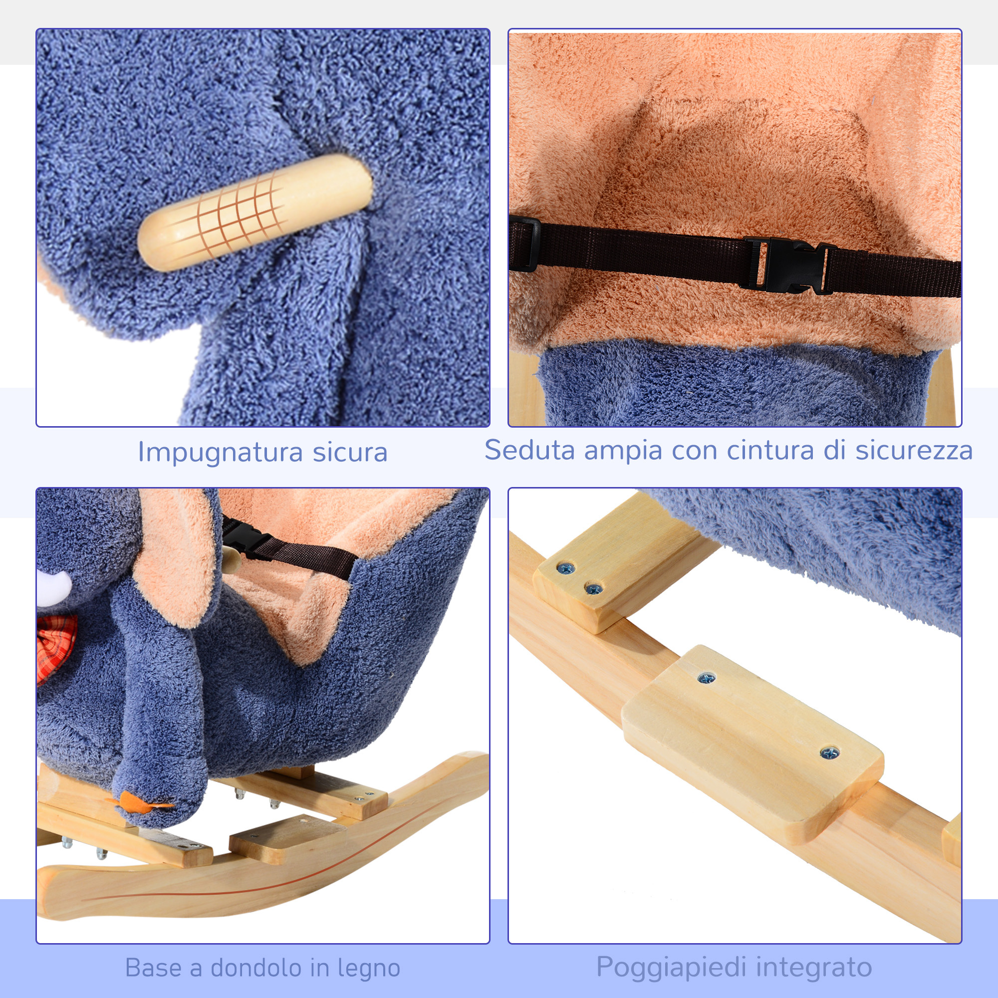 Cavallo a dondolo in legno elefante per i bambini 60x33x45cm - 