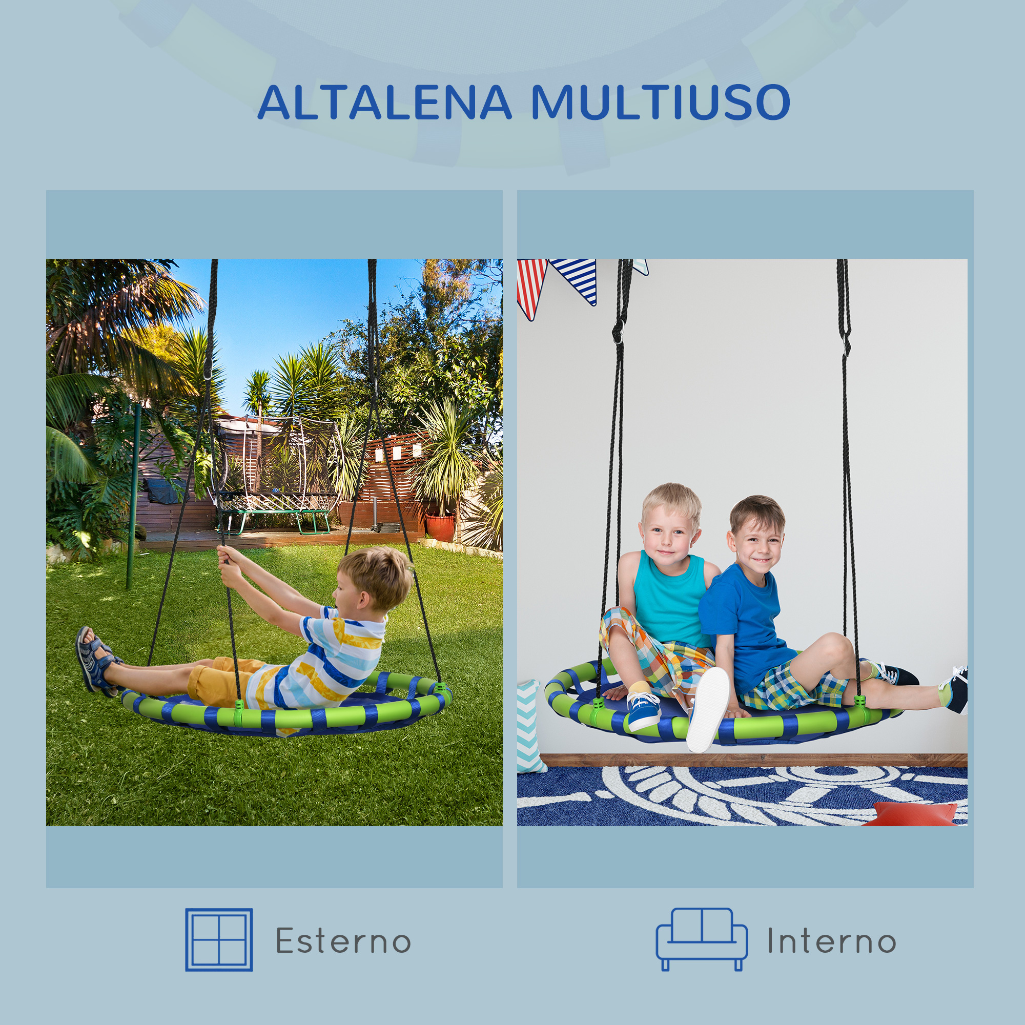 Altalena per bambini da 3-8 anni da giardino ø100cm e corde regolabili, blu - 