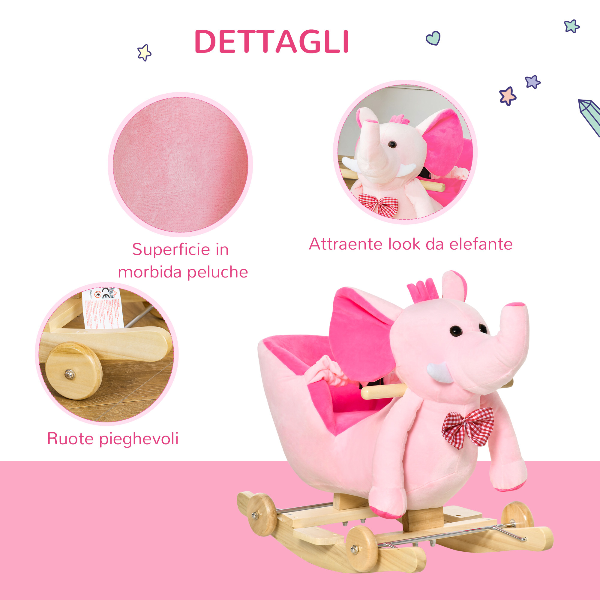 Animale a dondolo a forma di elefante con rotelle e cintura, in peluche, legno e acciaio, 60x35x45 cm, rosa - 