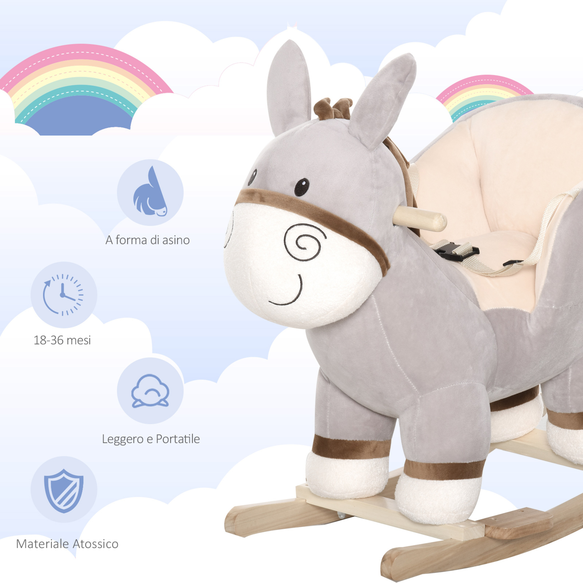 Cavallo a dondolo per bambini 18-36 mesi, cavalluccio a dondolo a forma di asino con suoni realistici in legno di pioppo e peluche, grigio - 