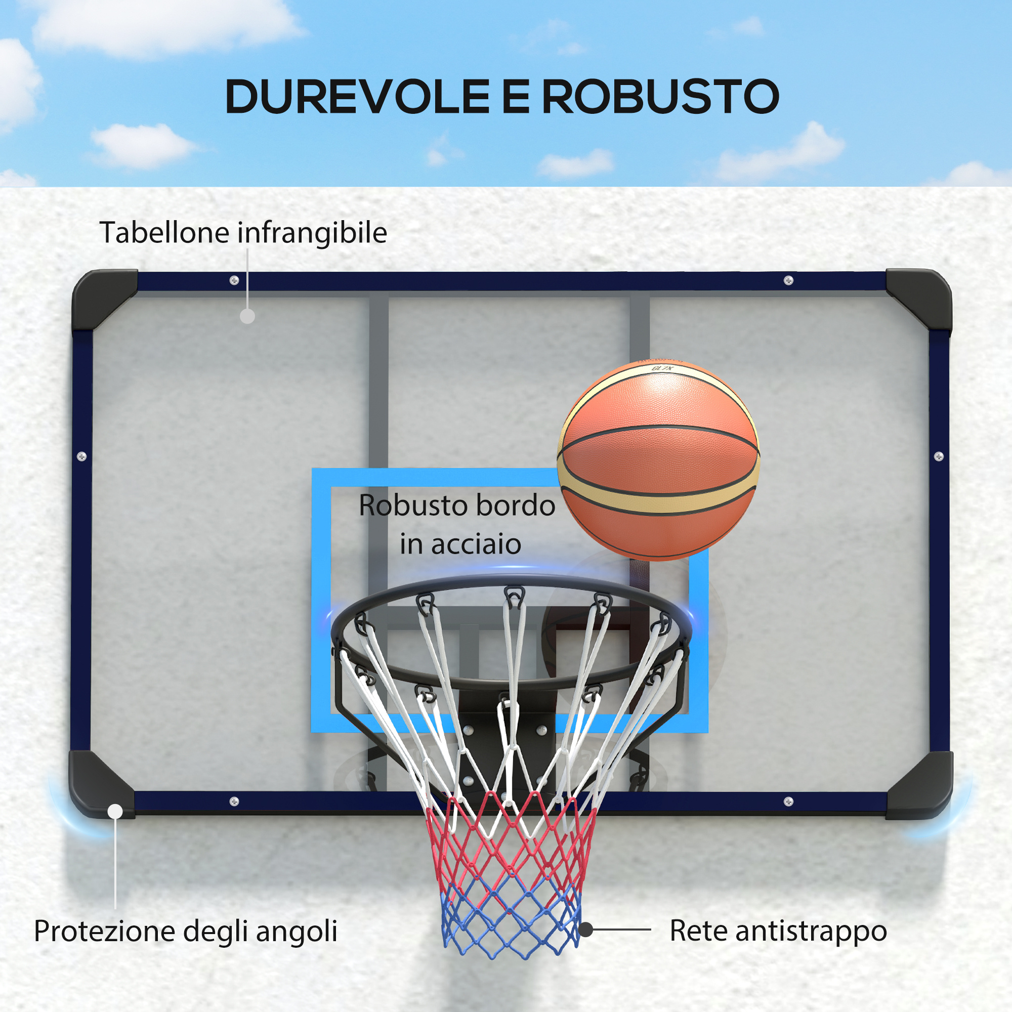 Canestro basket da muro con tabellone infrangibile e cerchio in acciaio, 113x61x73 cm - 