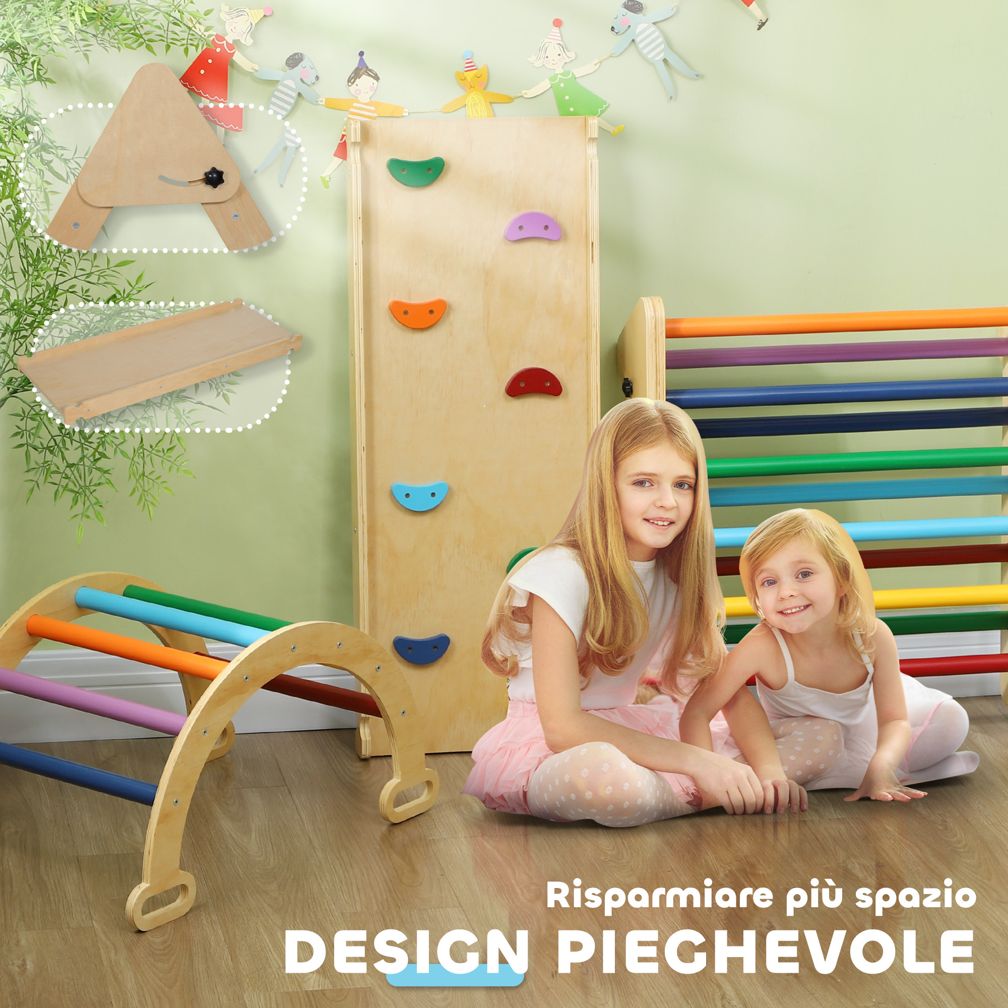 Gioco arrampicata bambini con triangolo e arco montessori e rampa con pietre in legno di pino, 178x64.5x63 cm - 