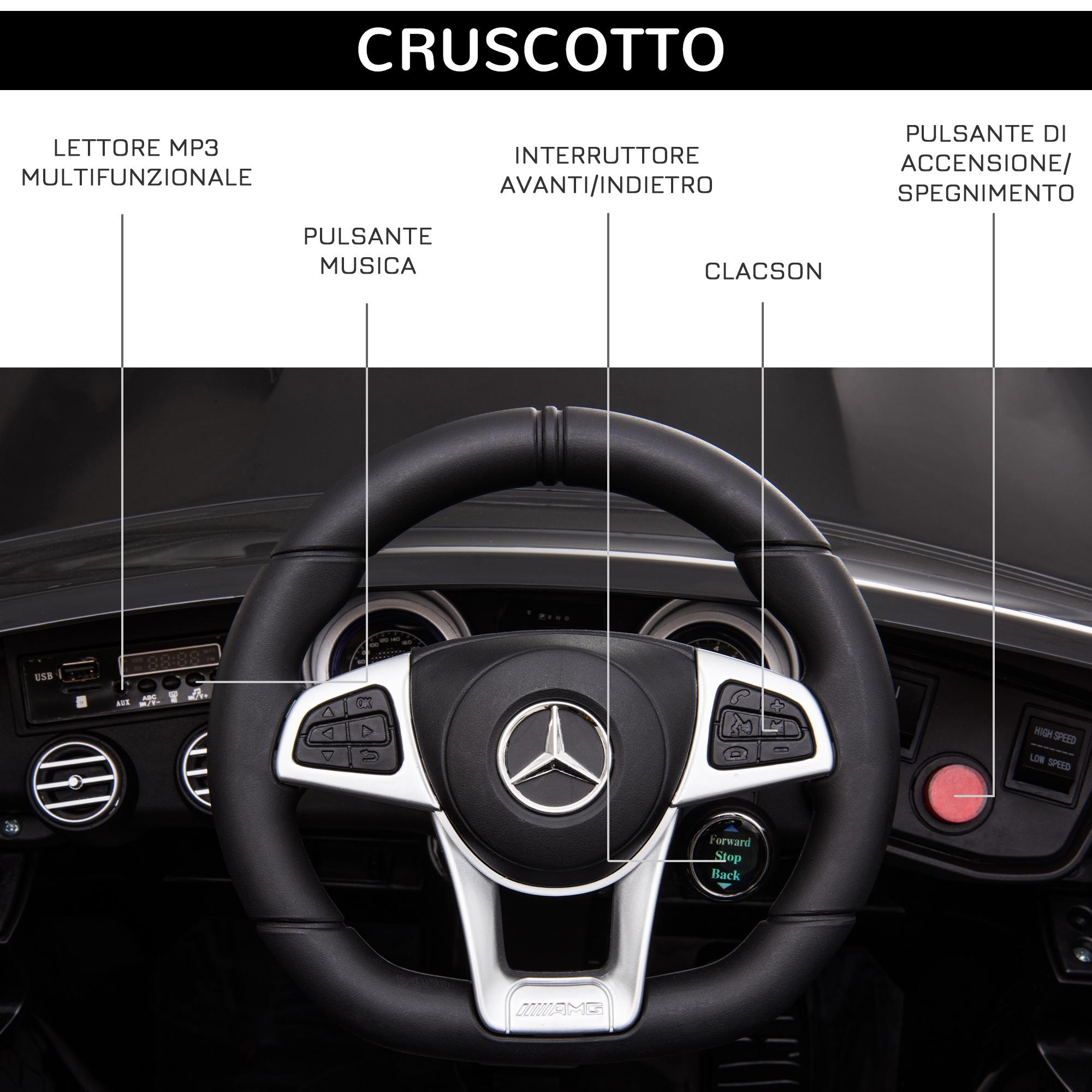 Macchina elettrica per bambini 3-5 anni mercedes con cintura di sicurezza e telecomando, nero - 