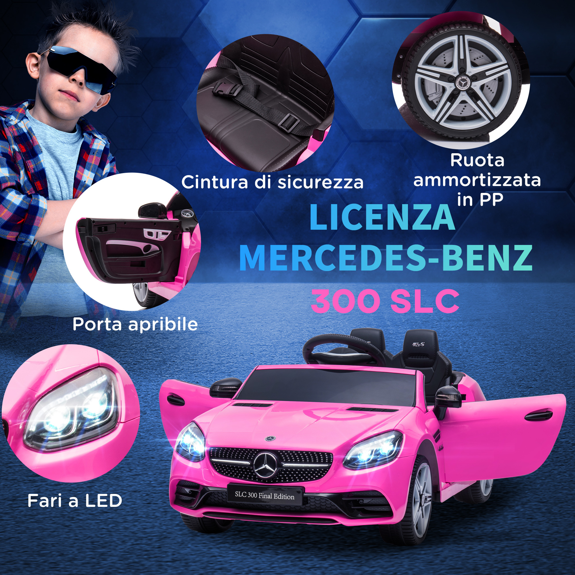 Macchina elettrica per bambini 3-6 anni con luci led, effetti sonori e telecomando, 107x62.5x44 cm, rosa - 