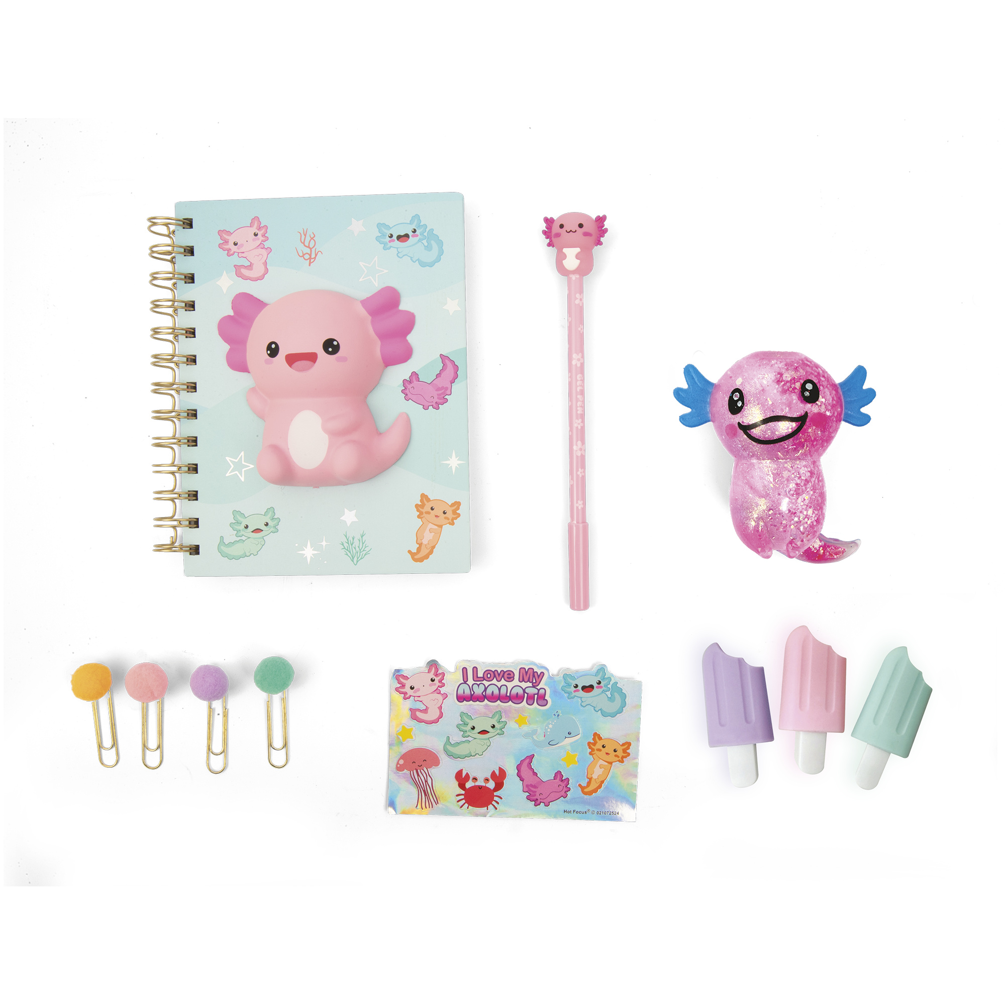 Set cancelleria kawaii axolotl – quaderno, penna, peluche e accessori colorati - CREA MANIA