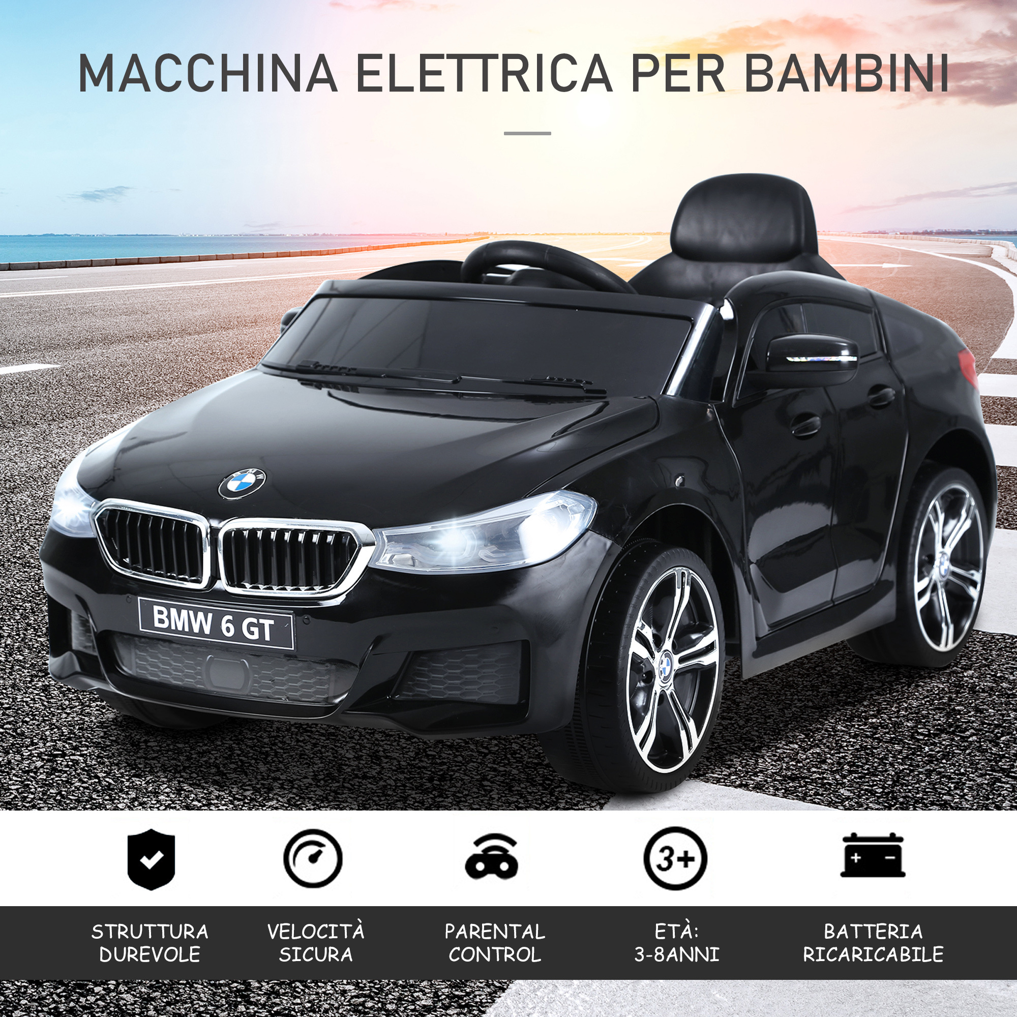 Macchina elettrica per bambini bmw 6gt 6v, macchina telecomandata con musica e fari led, mp3, clacson, 106 x 64 x 51 cm, nero - 