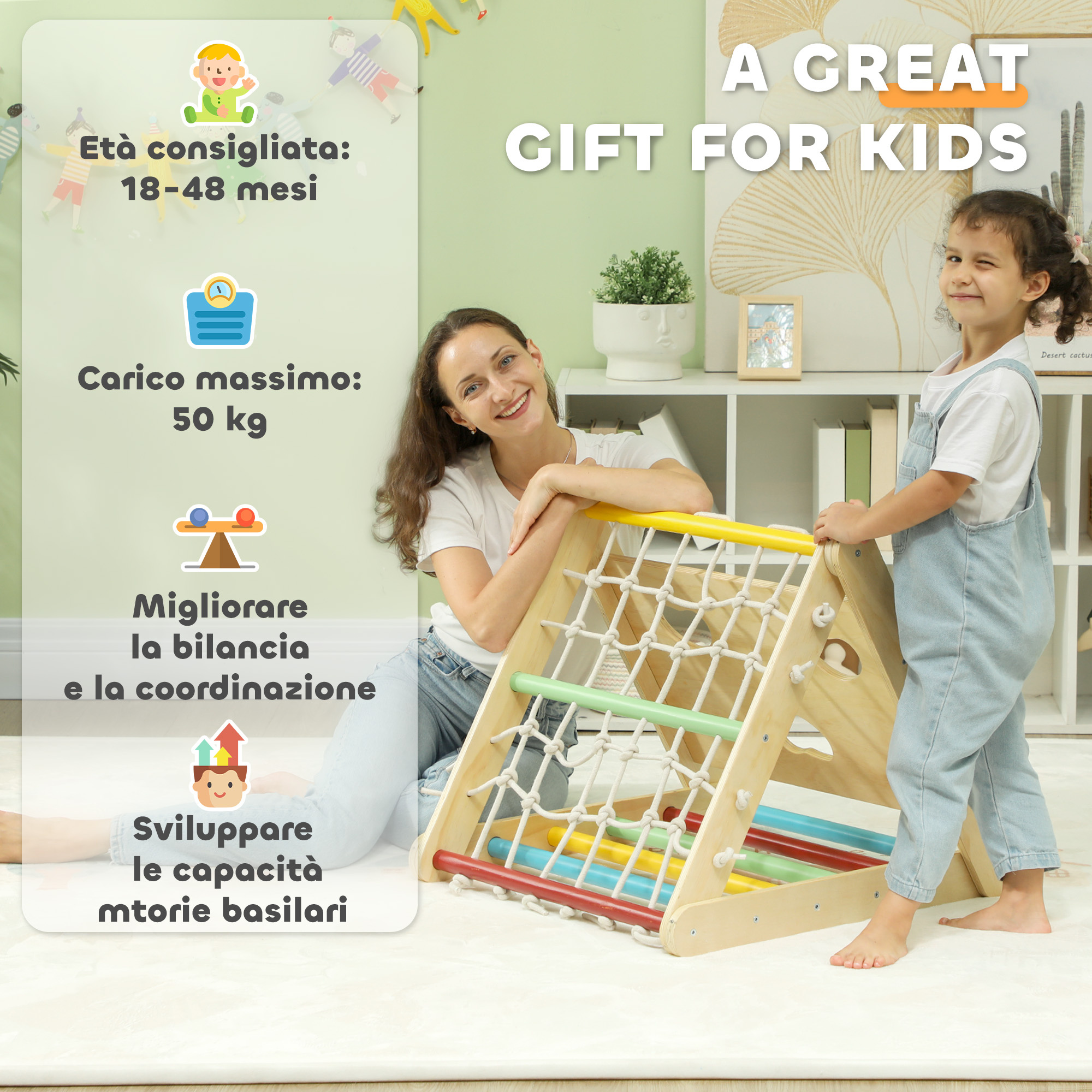 Gioco arrampicata bambini con triangolo montessori 5 in 1 con corda, scivolo e sacchi, in legno, 119x63x61 cm - 