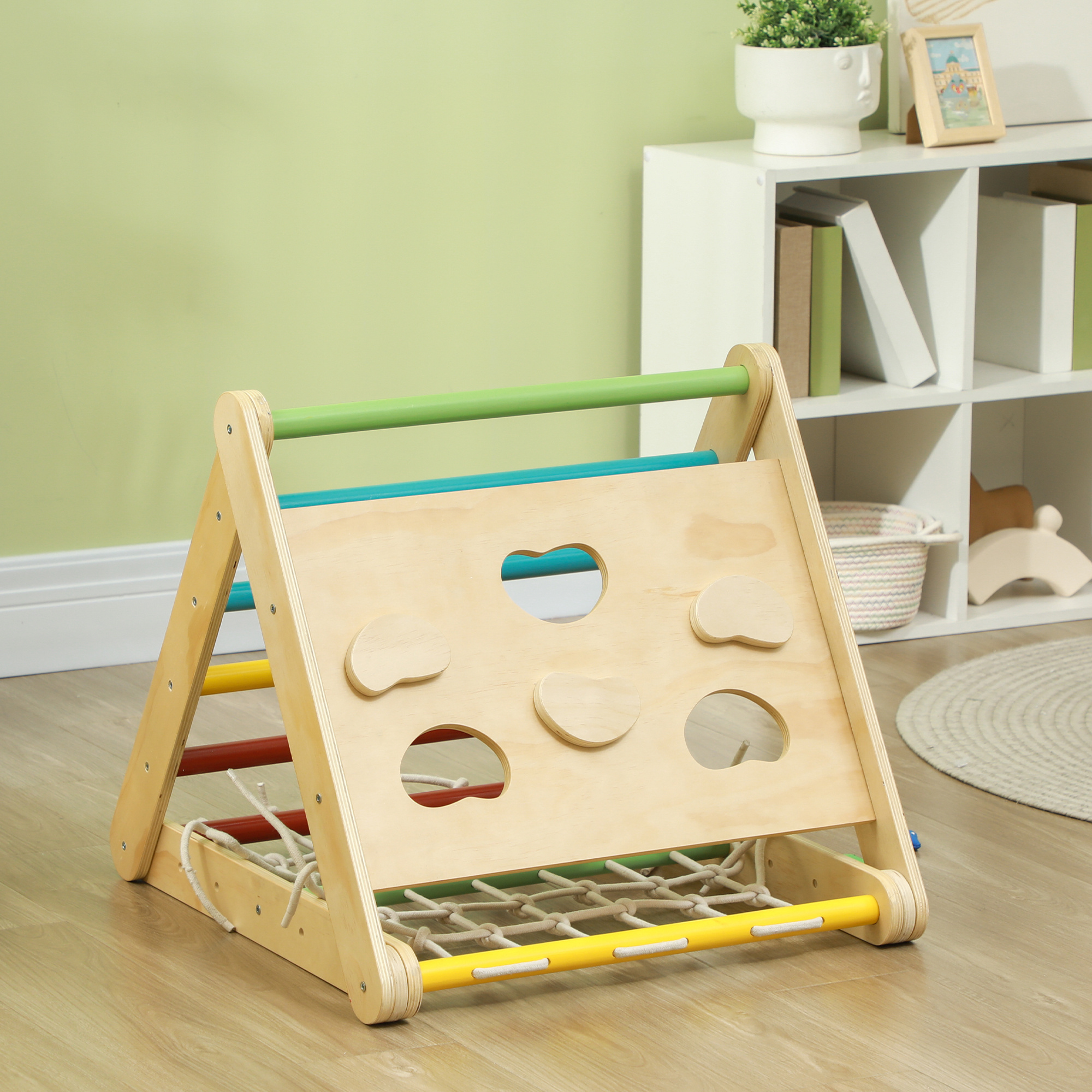 Gioco arrampicata bambini con triangolo montessori 5 in 1 con corda, scivolo e sacchi, in legno, 119x63x61 cm - 