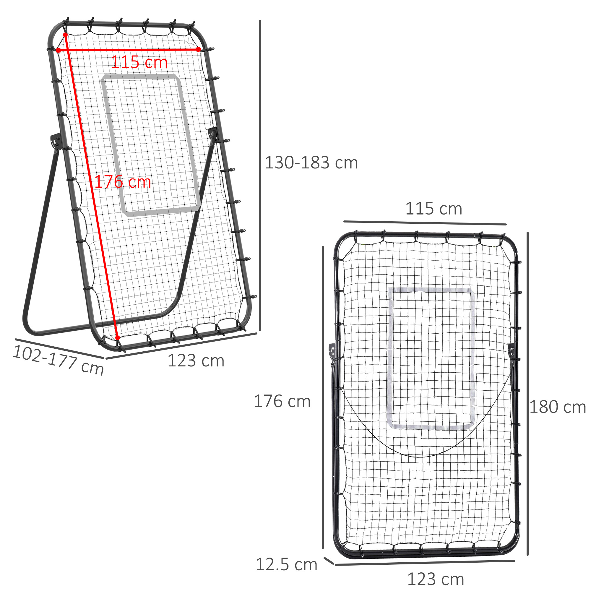 Rete da calcio rebounder pieghevole con bersaglio, altezza e angolazione regolabili, metallo e pe, 123x73x178.5cm, nero - 