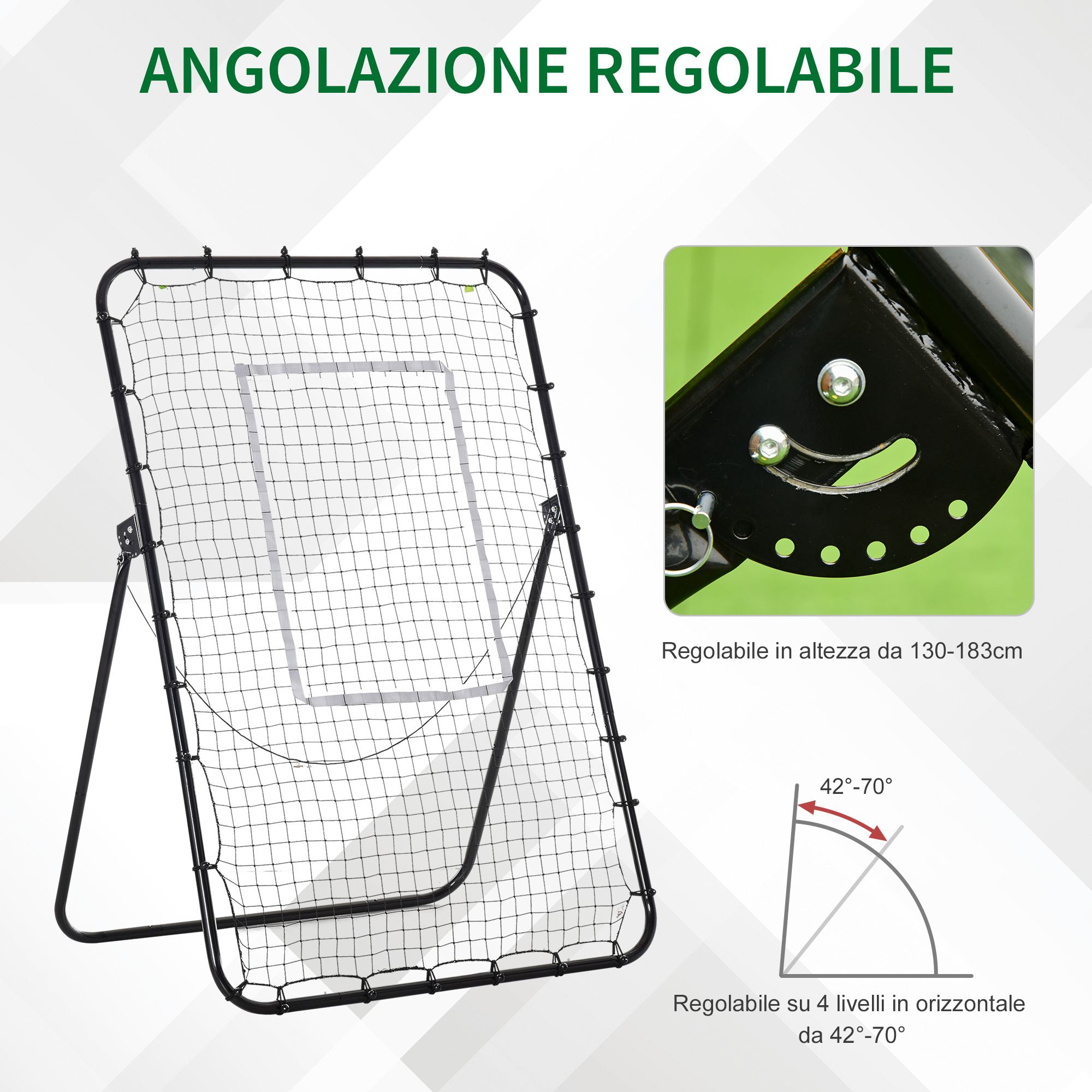 Rete da calcio rebounder pieghevole con bersaglio, altezza e angolazione regolabili, metallo e pe, 123x73x178.5cm, nero - 
