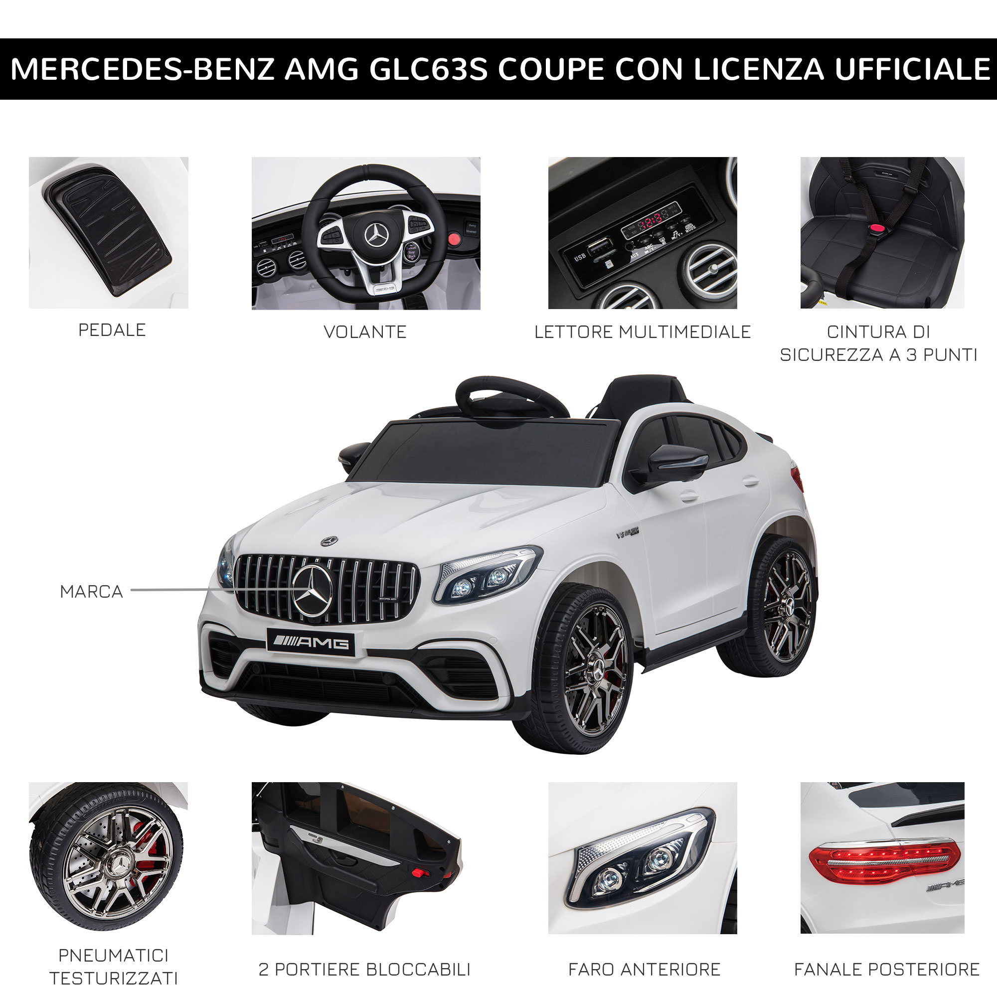 Macchina elettrica per bambini 3-5 anni mercedes con cintura di sicurezza e telecomando, bianco - 