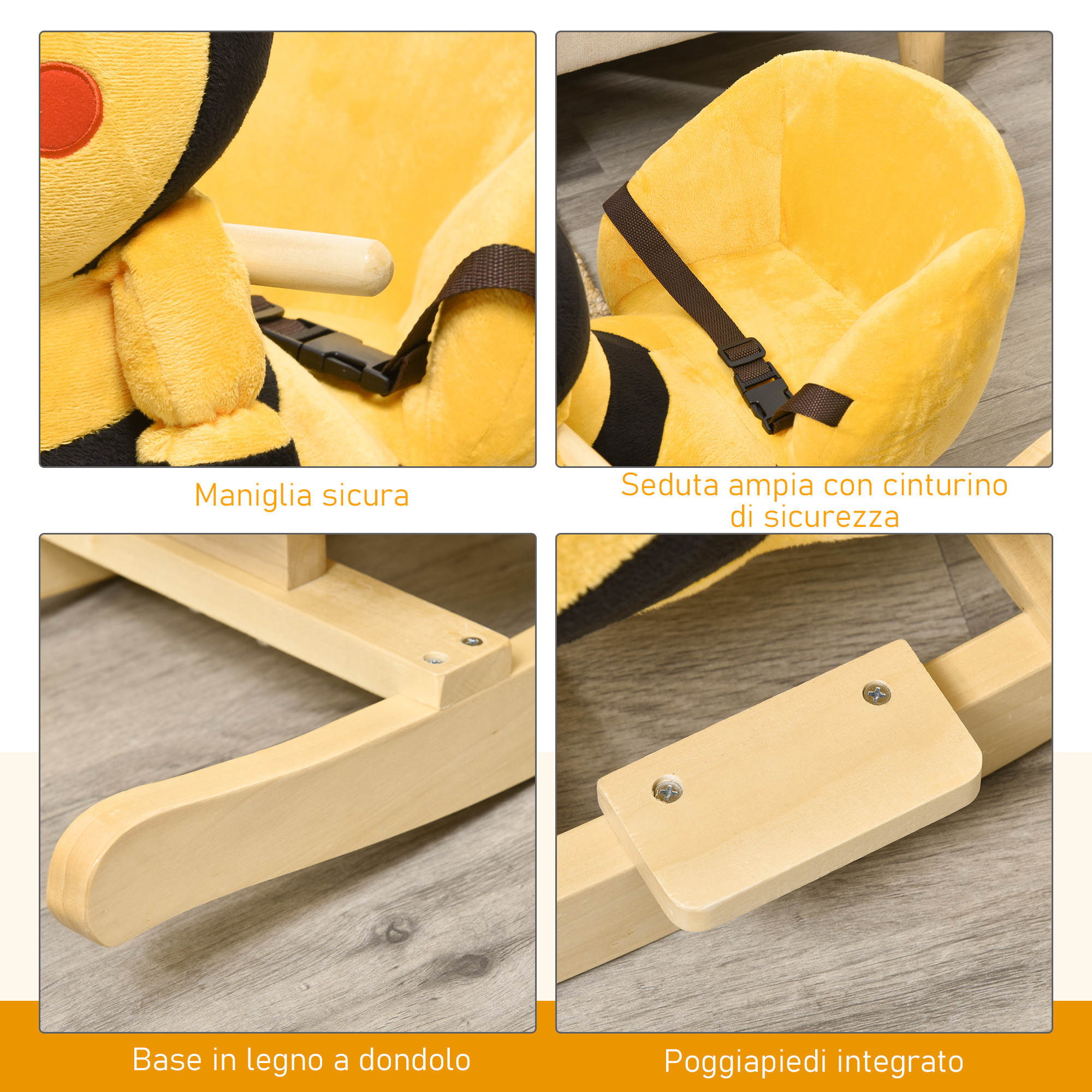 Animale a dondolo per bambini a forma di ape in legno di pioppo con musica, 60x33x45 cm, giallo e nero - 