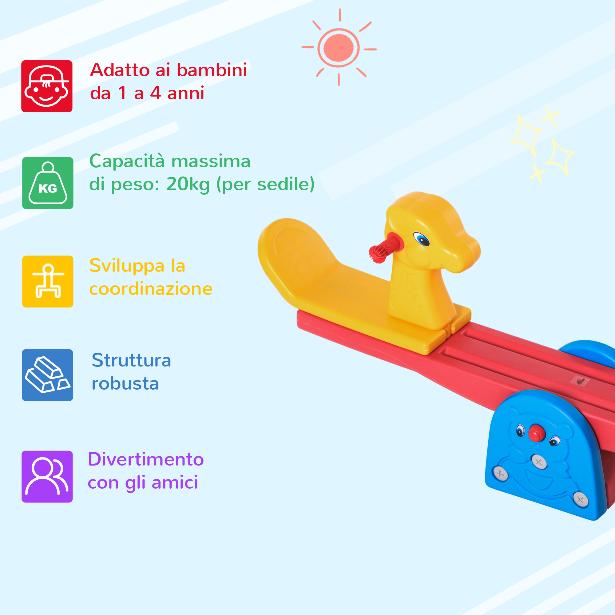 Altalena a bilico con maniglie antiscivolo per bambini età 1-4 anni, plastica hdpe atossica, 150x32x60cm, multicolore - 