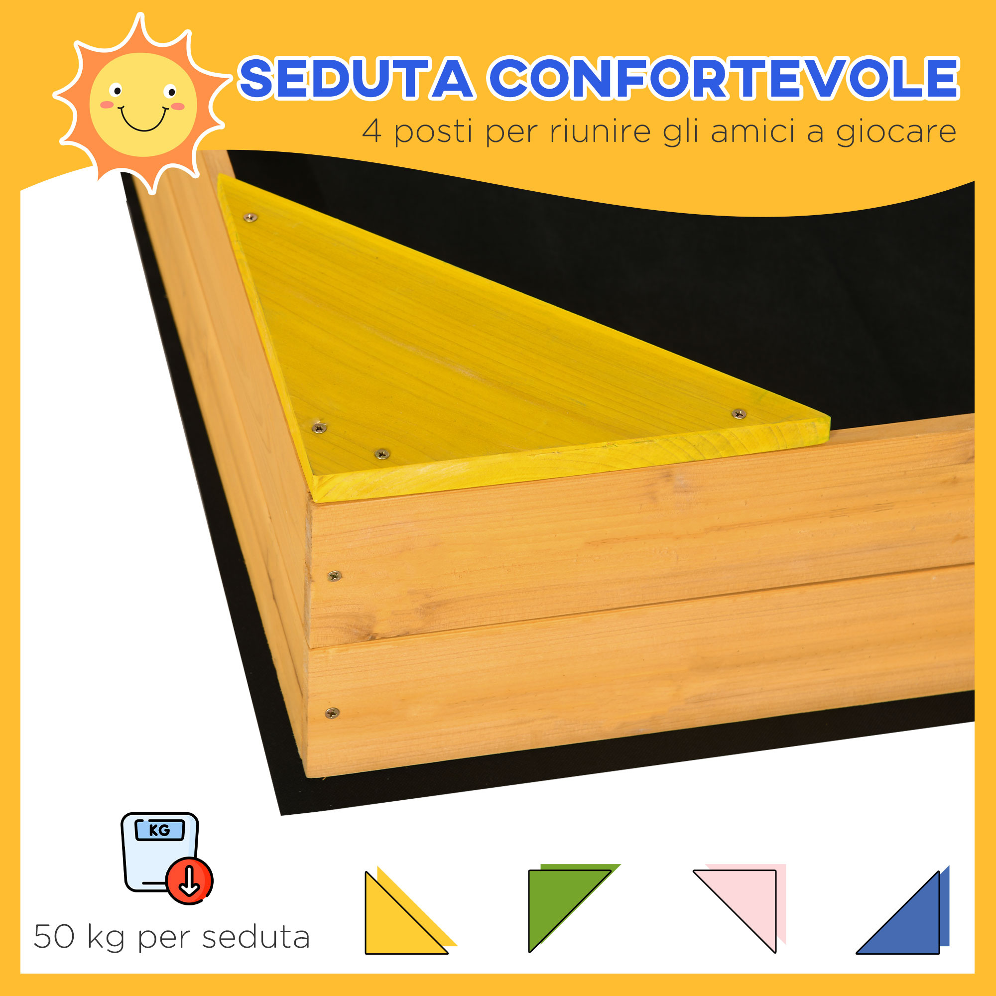 Sabbiera per bambini da 4 posti in legno di abete con design senza fondo, 109x109x19.8 cm - 
