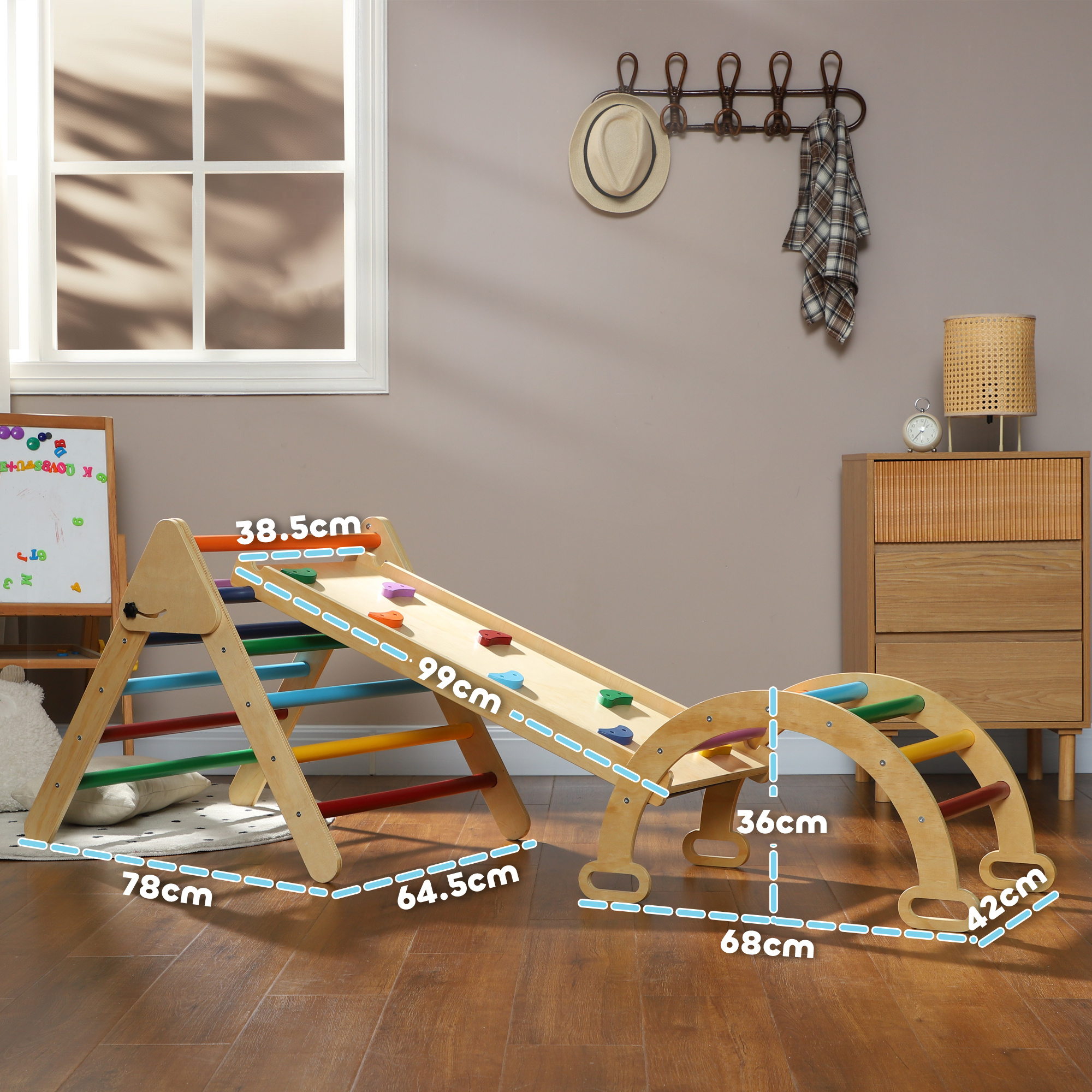 Gioco arrampicata bambini con triangolo e arco montessori e rampa con pietre in legno di pino, 178x64.5x63 cm - 