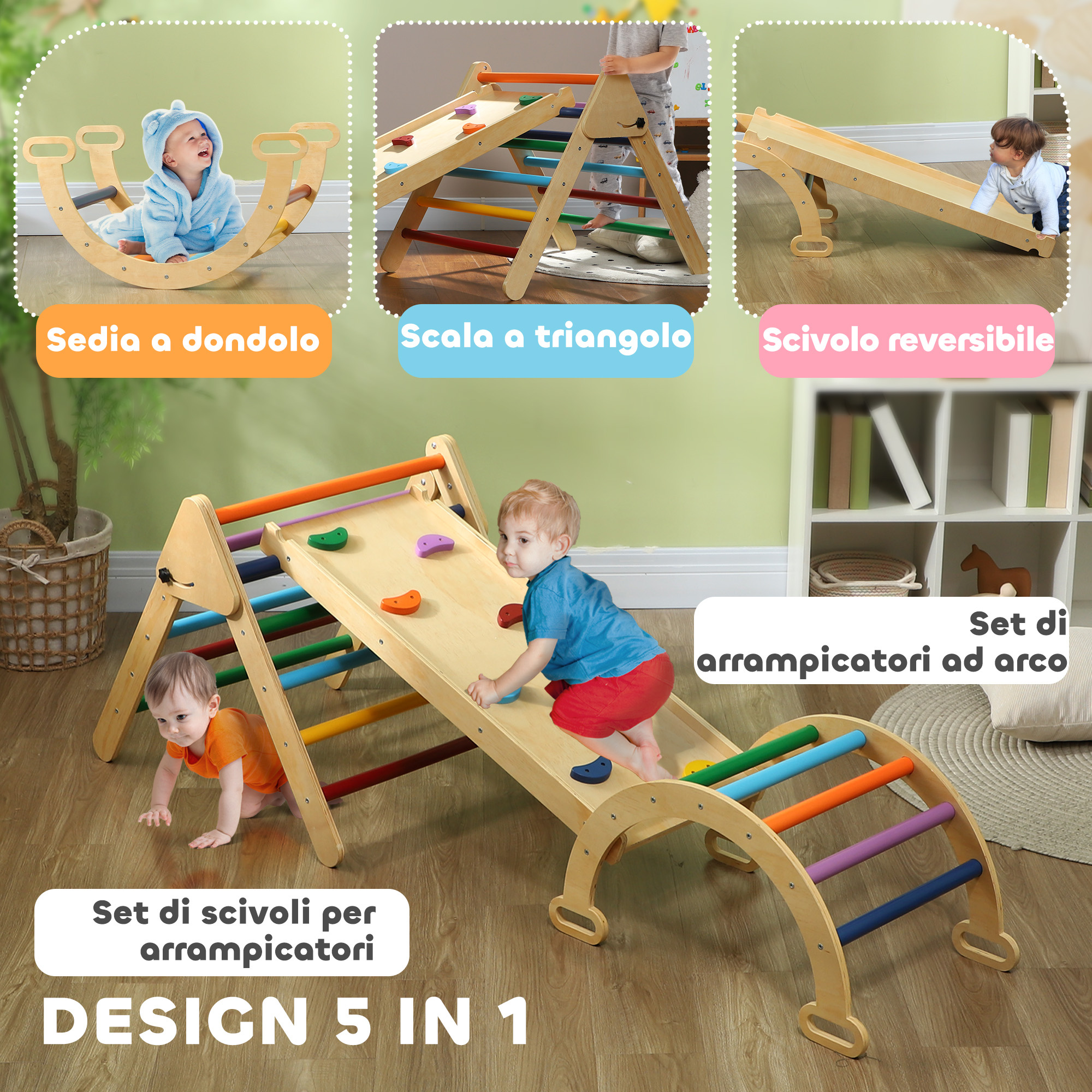 Gioco arrampicata bambini con triangolo e arco montessori e rampa con pietre in legno di pino, 178x64.5x63 cm - 