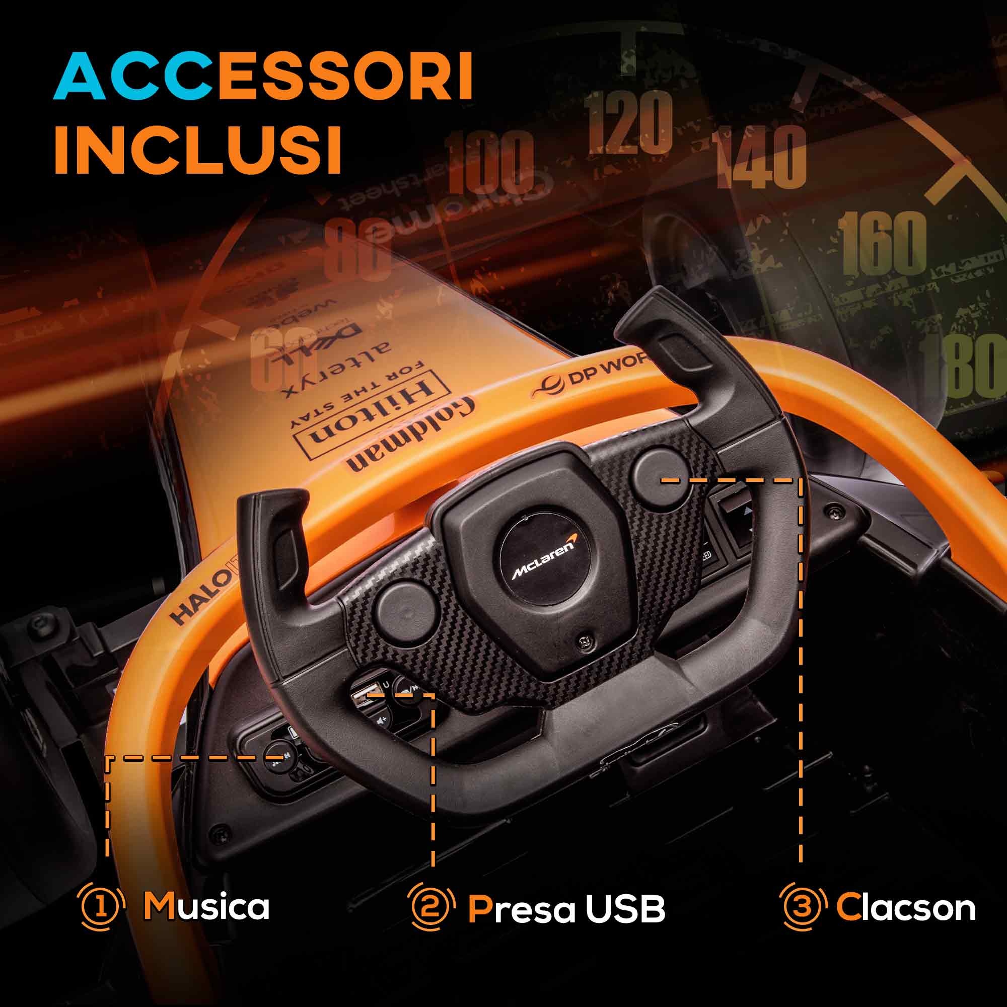 Macchina elettrica per bambini 3-5 anni con licenza mclaren, telecomando e clacson, 115x67x50 cm, arancione - 