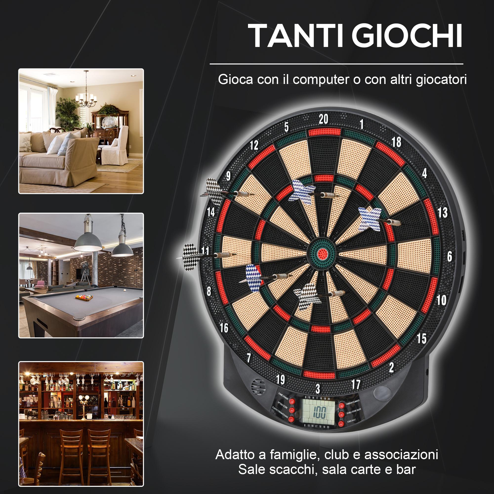 Bersaglio a freccette elettronico in pp con 6 freccette e tabellone segna punti, 44x39.5x 2.2cm, nero - 