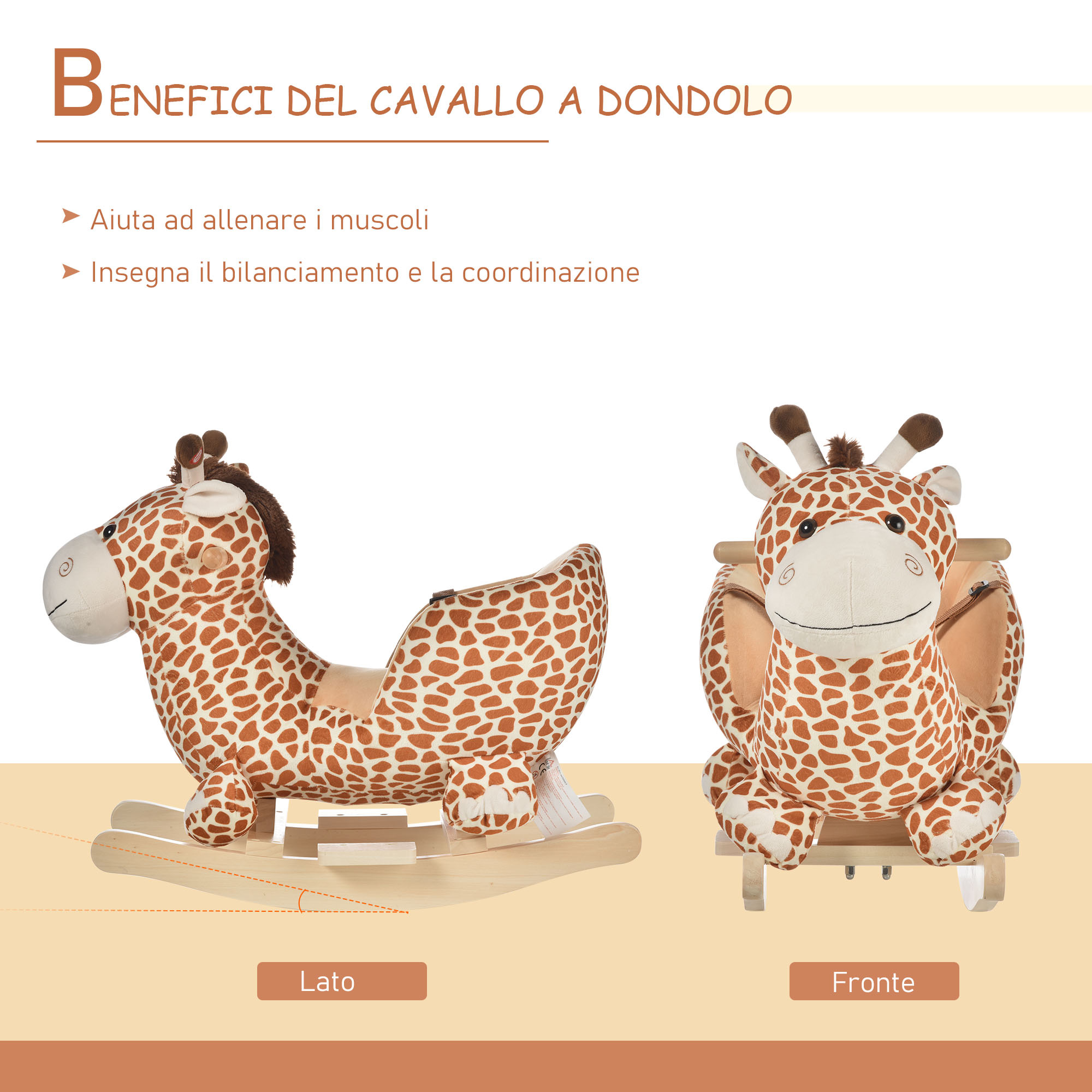 Cavallo a dondolo in legno giraffa per i bambini 60x33x45cm - 