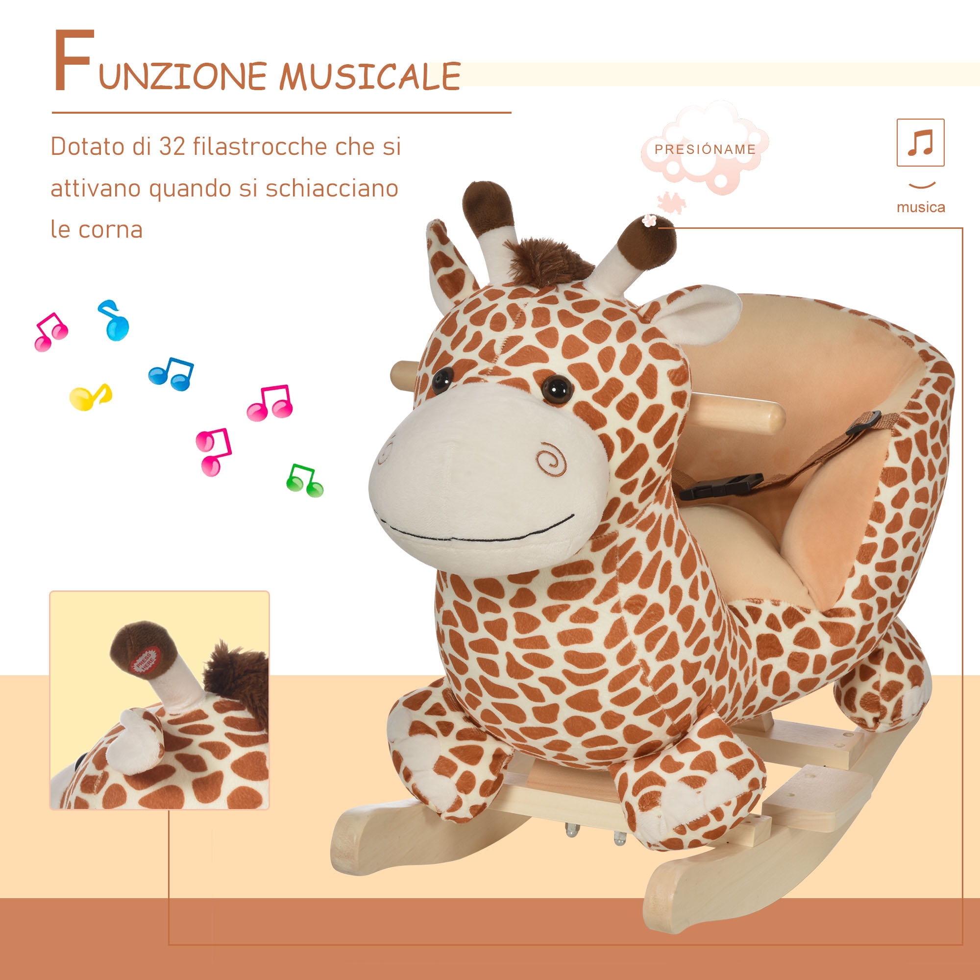 Cavallo a dondolo in legno giraffa per i bambini 60x33x45cm - 