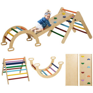Gioco arrampicata bambini con triangolo e arco montessori e rampa con pietre in legno di pino, 178x64.5x63 cm - 