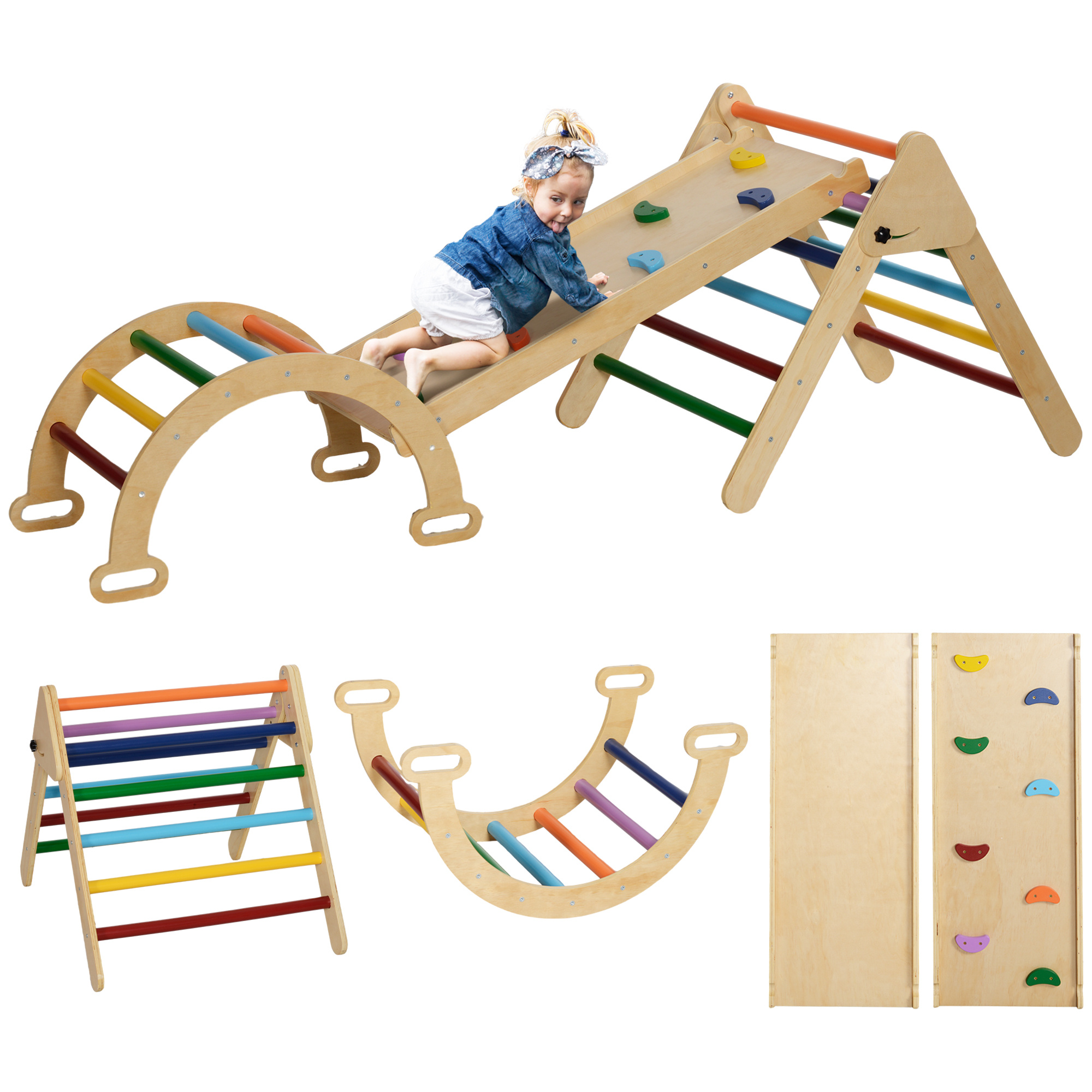 Gioco arrampicata bambini con triangolo e arco montessori e rampa con pietre in legno di pino, 178x64.5x63 cm - 