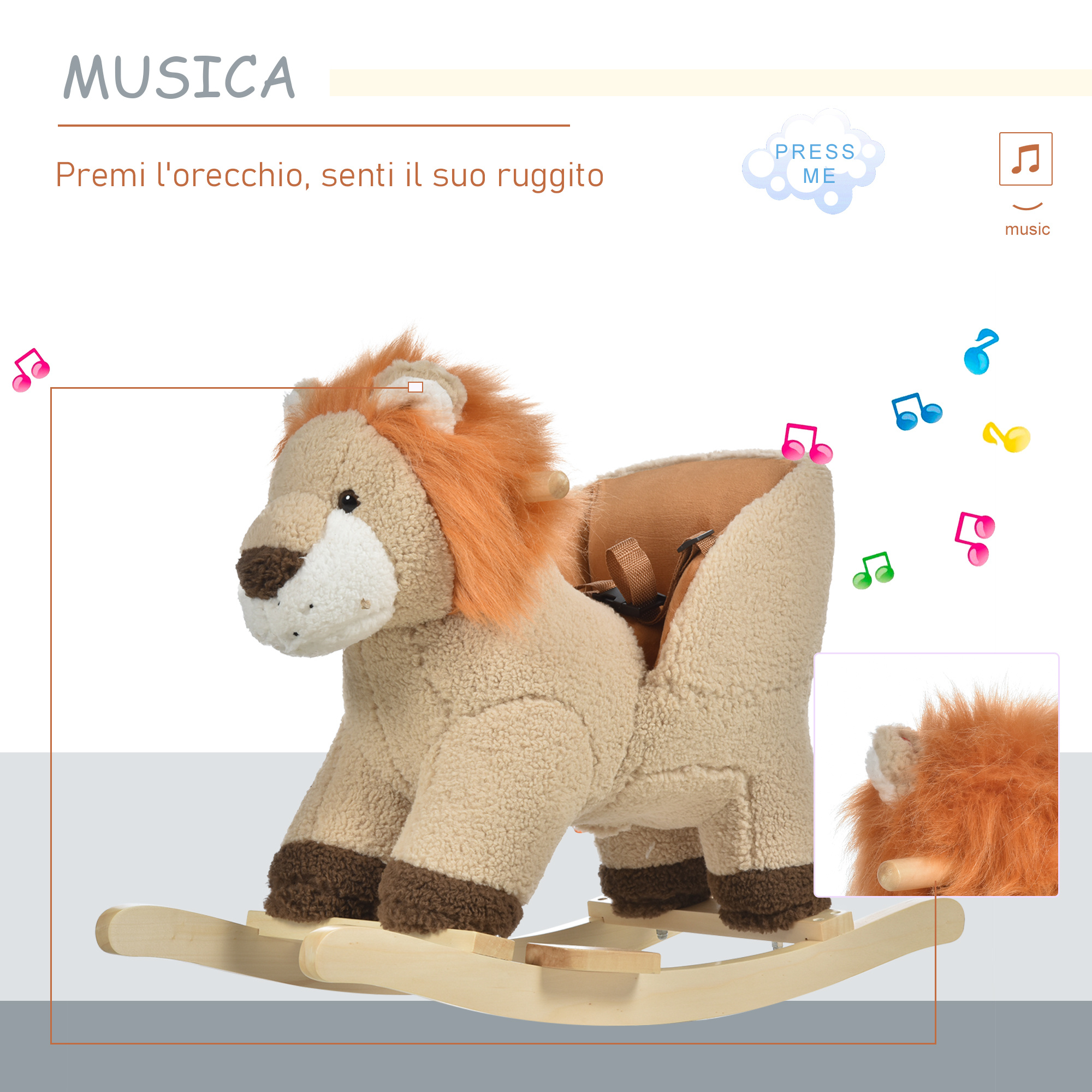 Dondolo giocattolo a forma di leone per bambini 18-36 mesi, ruggisce (3 batterie incluse), in legno e peluche - 