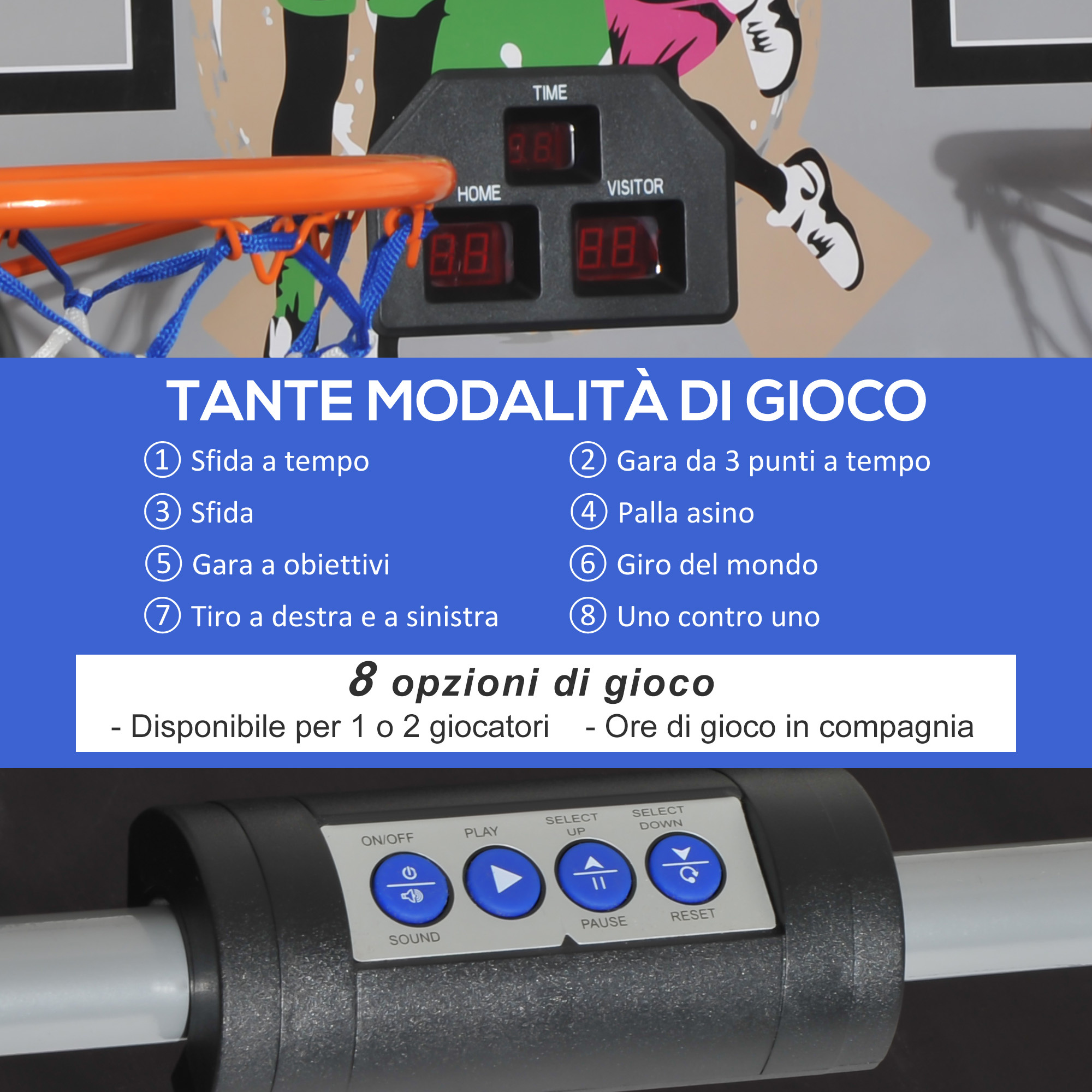 Canestri basket con tabellone led, 4 palloni e 8 modalità di gioco, 205x110x205 cm, bianco e nero - 