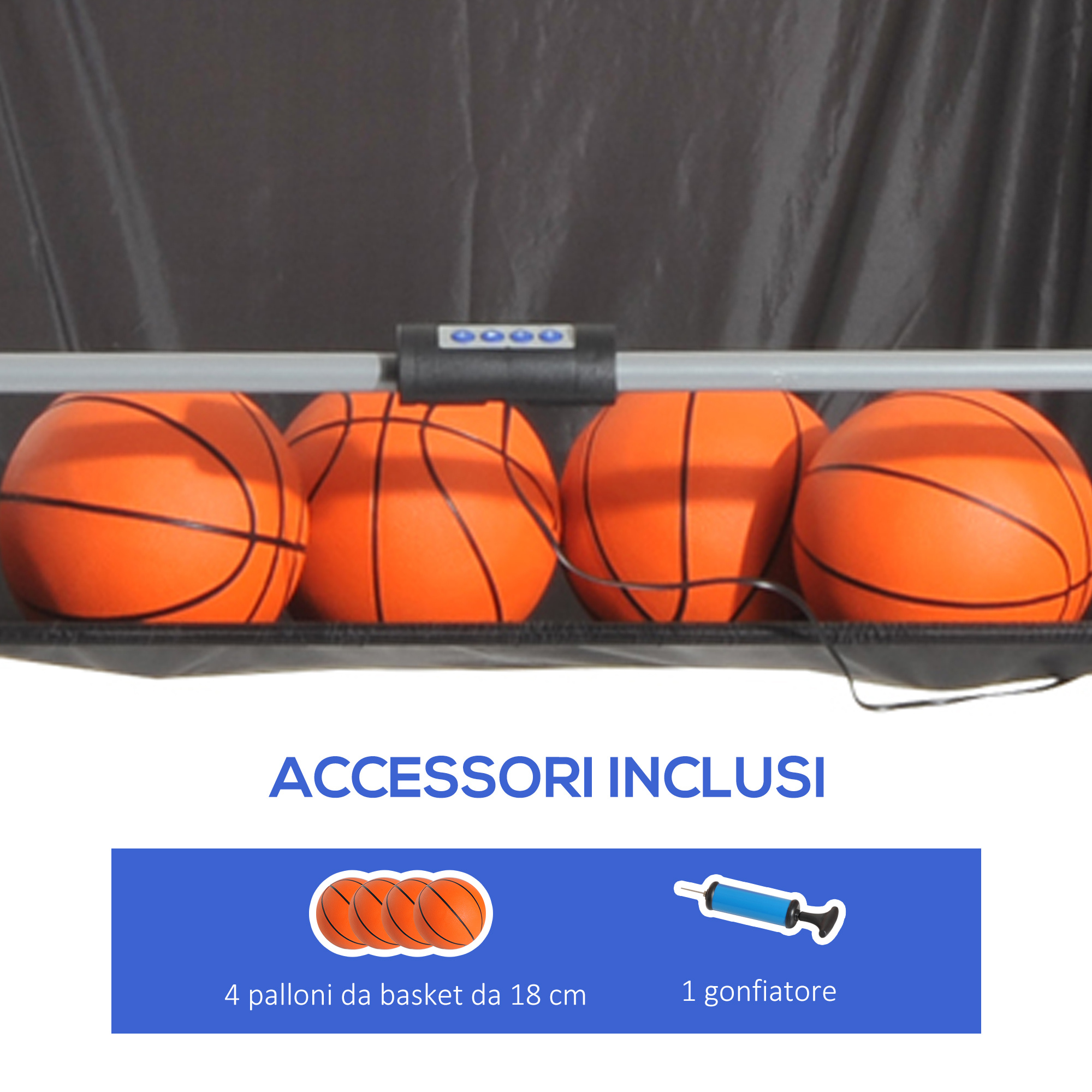 Canestri basket con tabellone led, 4 palloni e 8 modalità di gioco, 205x110x205 cm, bianco e nero - 