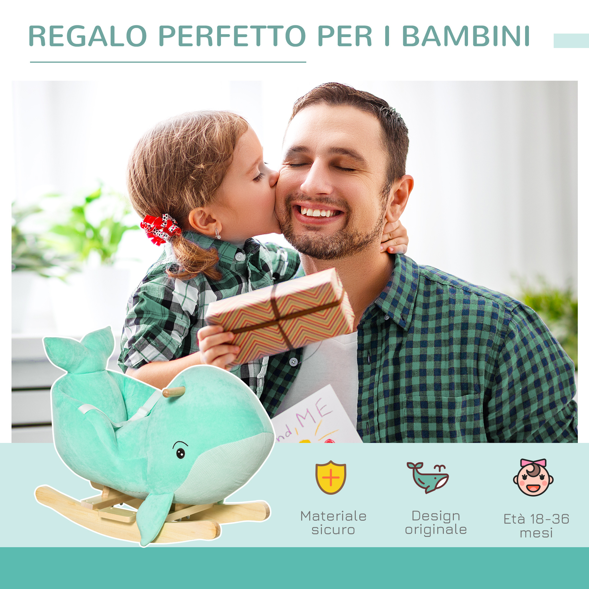 Cavallo a dondolo balena in peluche imbottita con suoni, cintura di sicurezza e base in legno, 60x33x50cm, verde - 