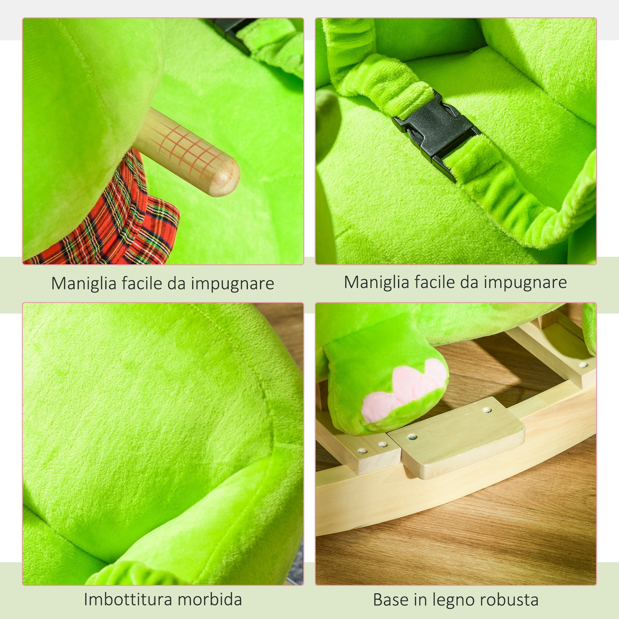 Cavallo a dondolo con ruote, cavalluccio a dondolo a forma di drago per bambini 18-36 mesi, in legno e peluche verde - 