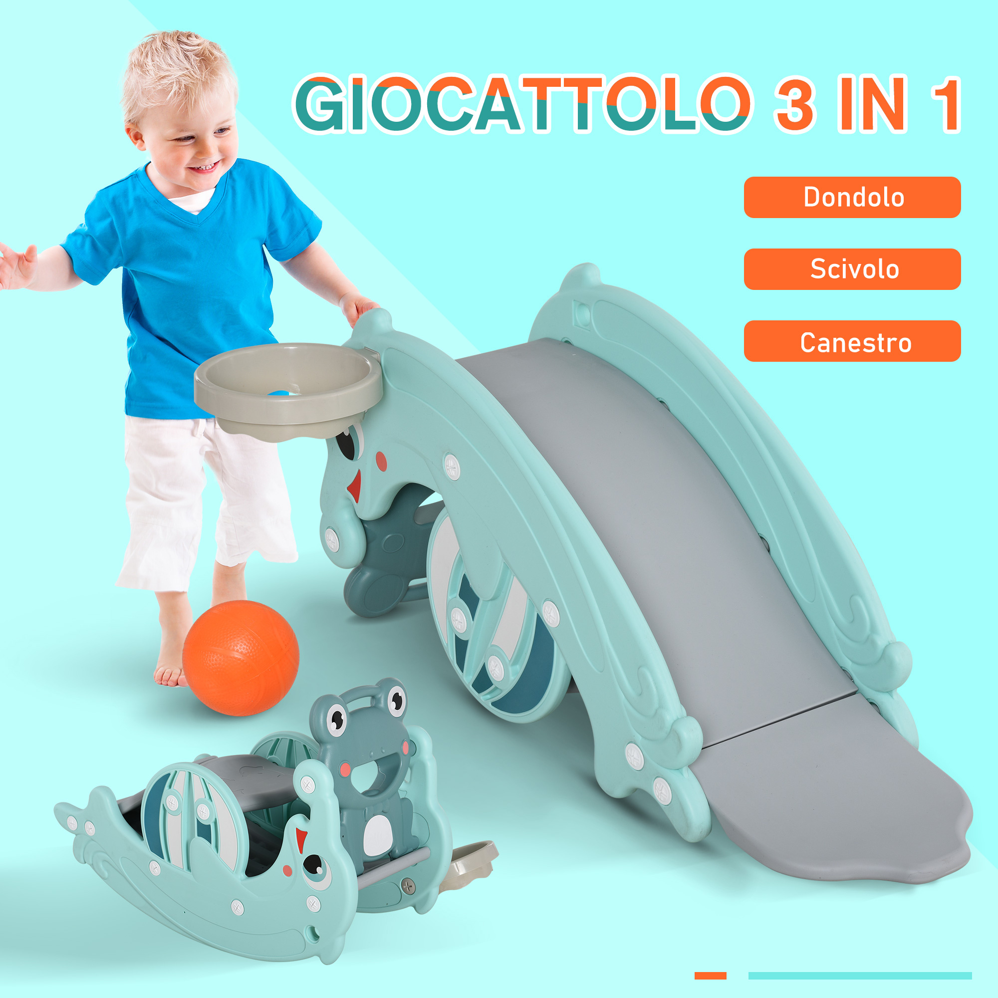3-in-1 cavallo a dondolo scivolo per bambini e canestro, età 18-36 mesi, per casa e giardino, verde - 