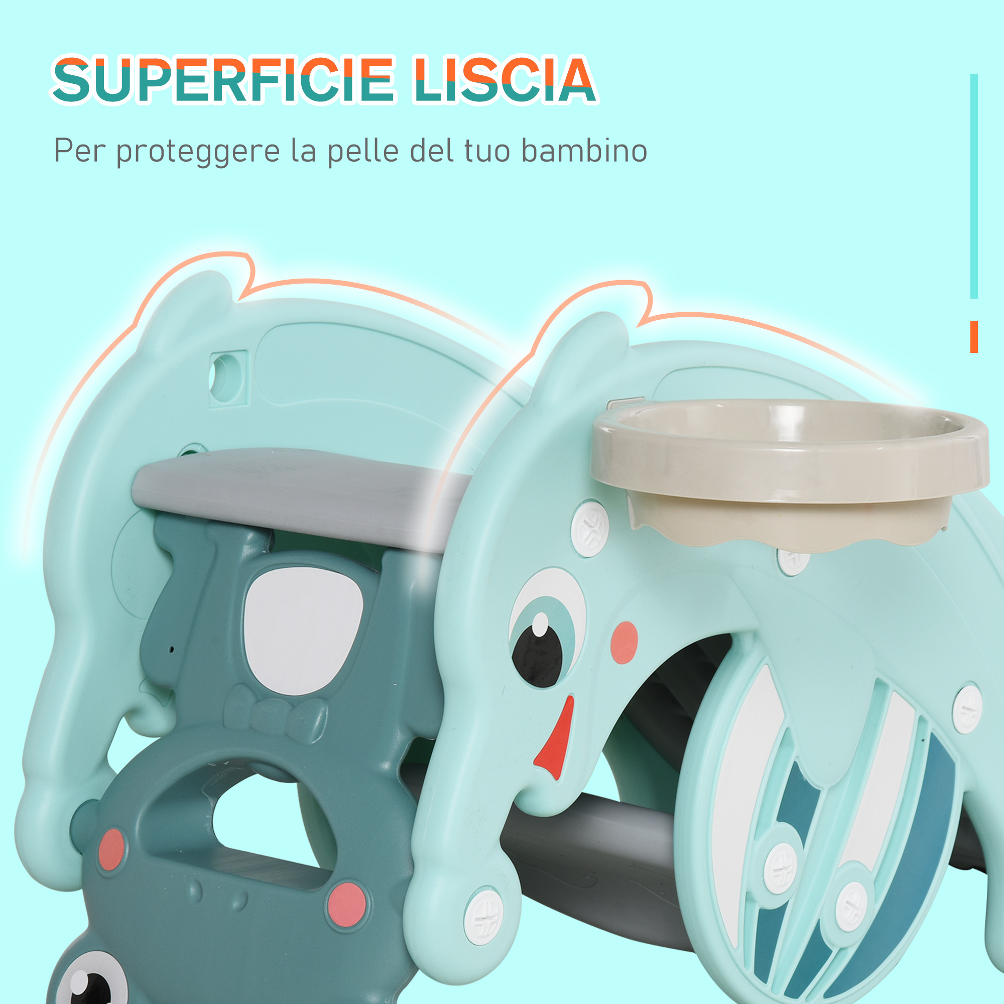 3-in-1 cavallo a dondolo scivolo per bambini e canestro, età 18-36 mesi, per casa e giardino, verde - 