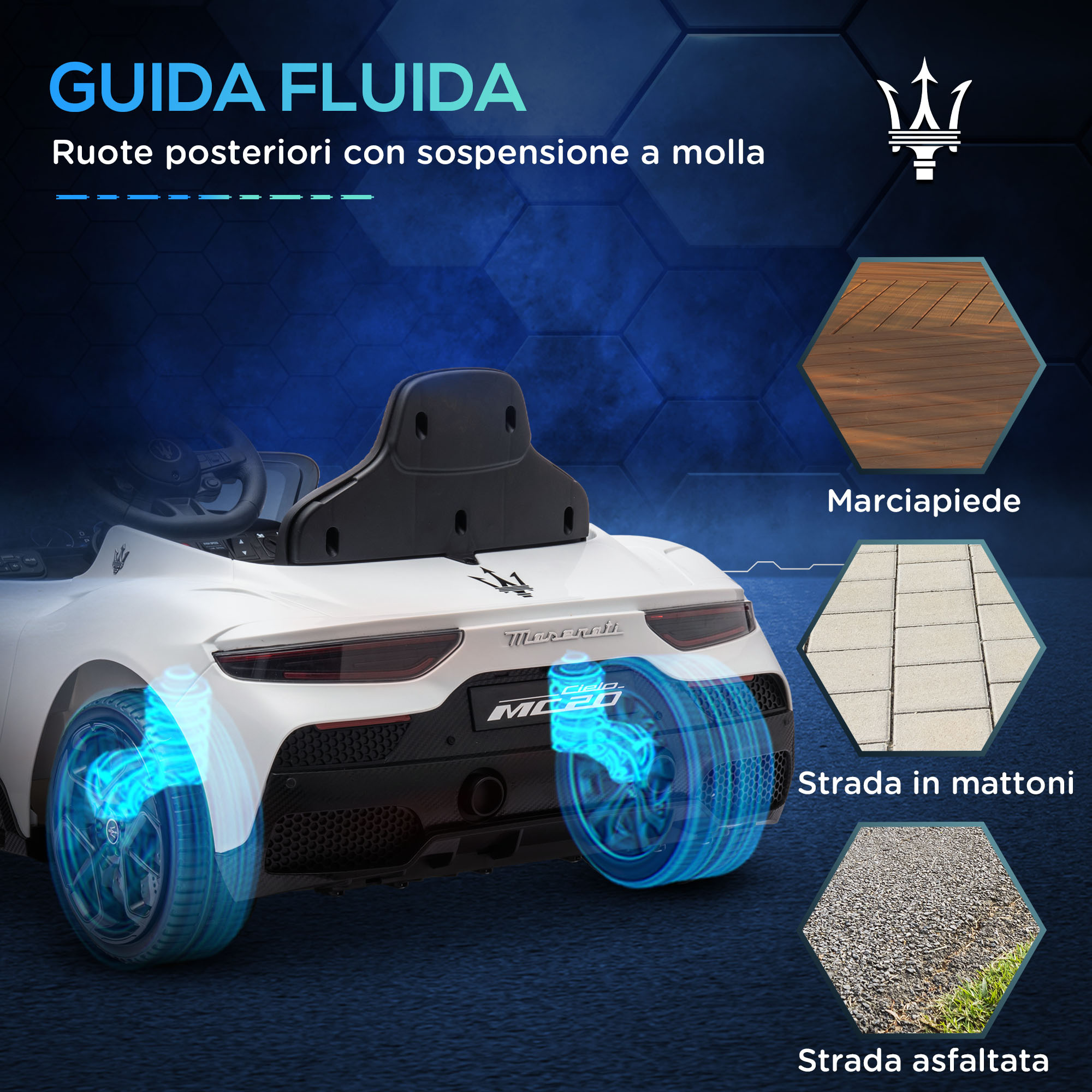 Macchina per bambini maserati mc20, guida manuale, telecomando e fari led, età 3-6 anni, bianco - 